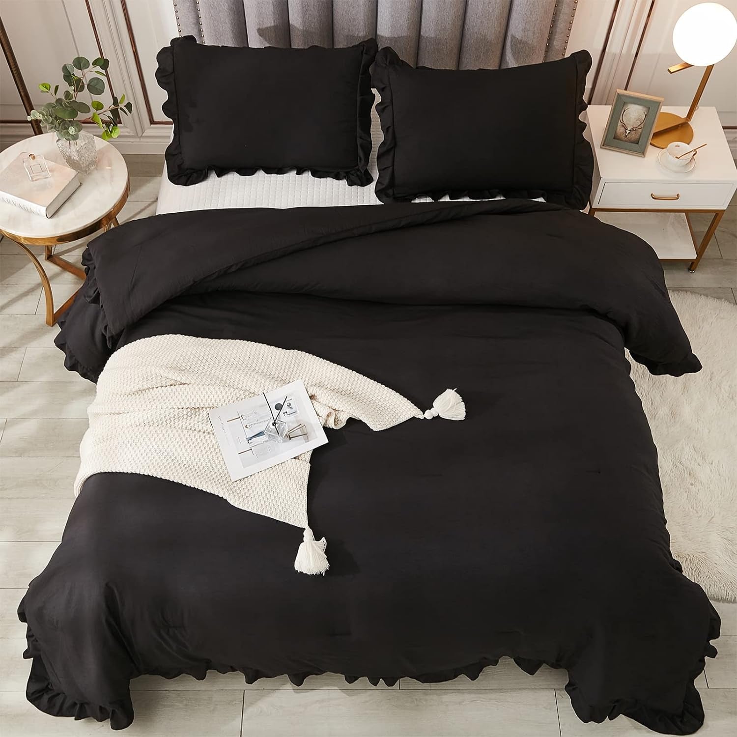 Black Full Size Comforter Set, 3 Pieces Ruffle Farmhouse Shabby Chic Bedding