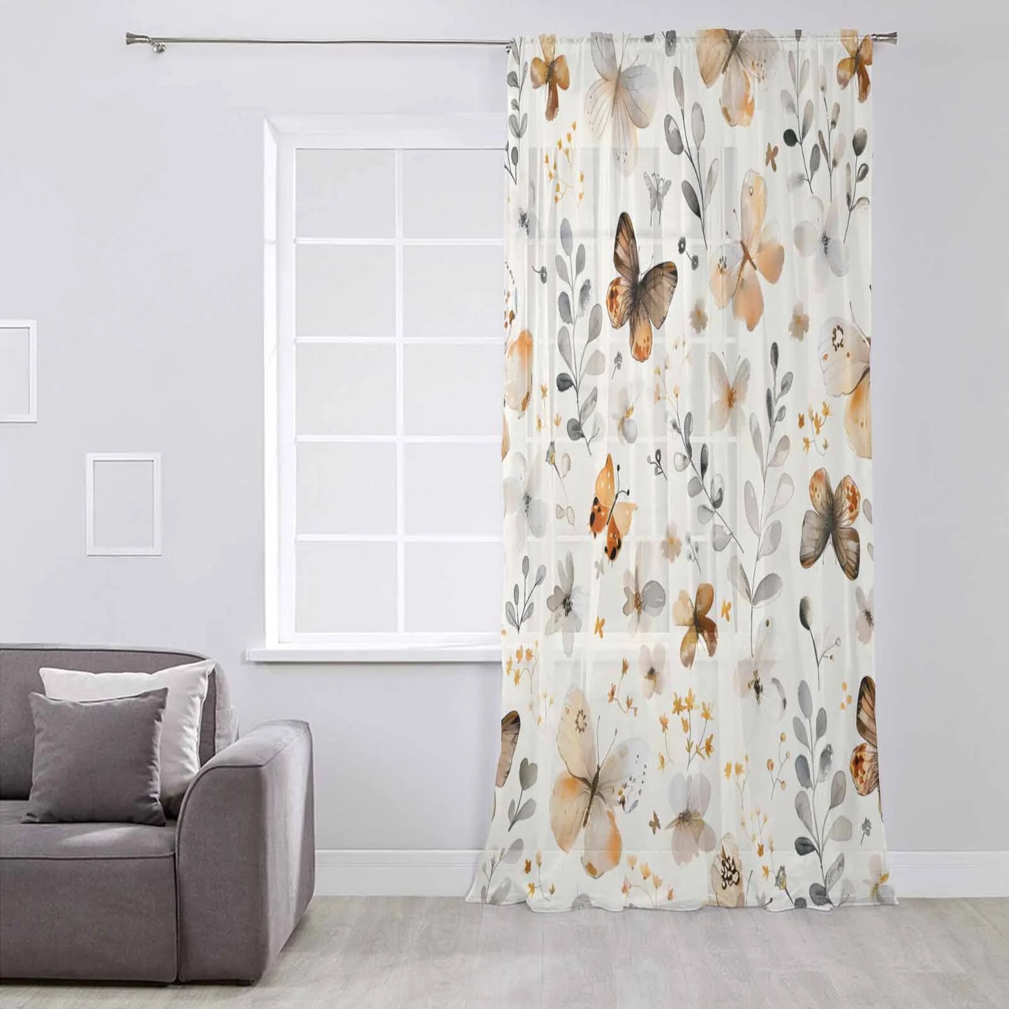 Retro Spring Floral Semi Sheer Curtains Drapes, French Doors Window 63 Inches Long, Brown Butterfly Botanical Rod Pocket Chiffon Curtain Drapery Voile Draperies Panel