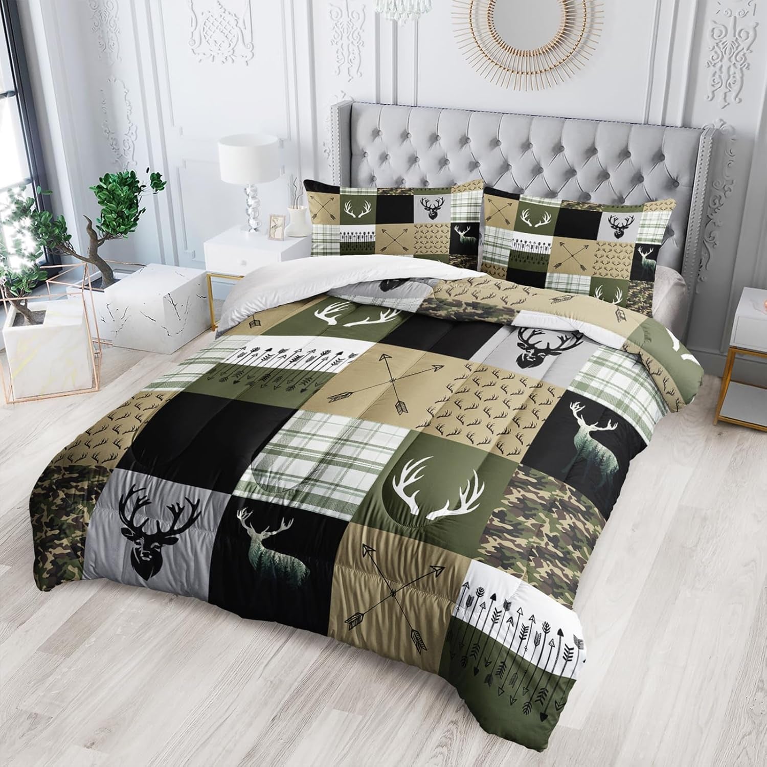 Hunting Camo Comforter Set, Queen Size, Arrows and Deers Comforter Set, 1 Comforter with 2 Pillowcase