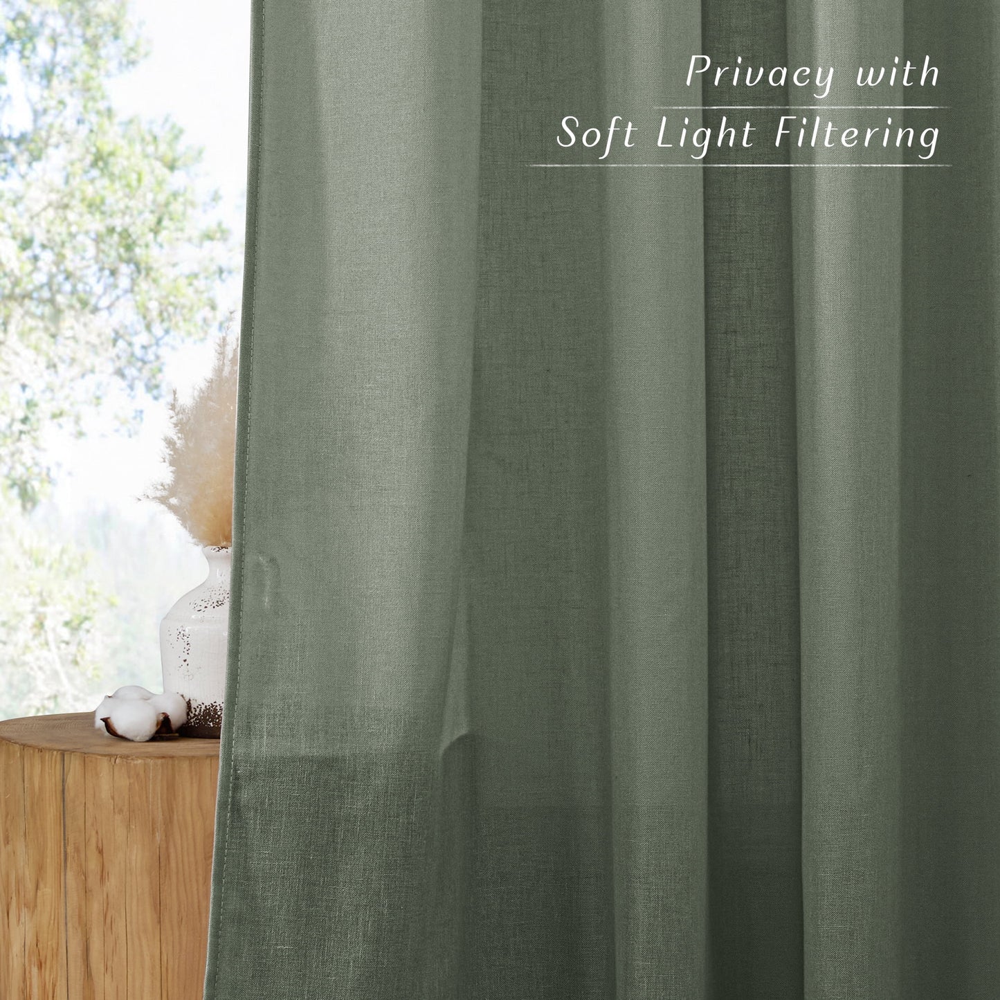 Linen Curtains 84 Inches Long, Grommet Thick Linen Blend Drape Farmhouse Light Filtering Privacy Protection Window Treatment, Lichen, 55"X84", 2 Panels