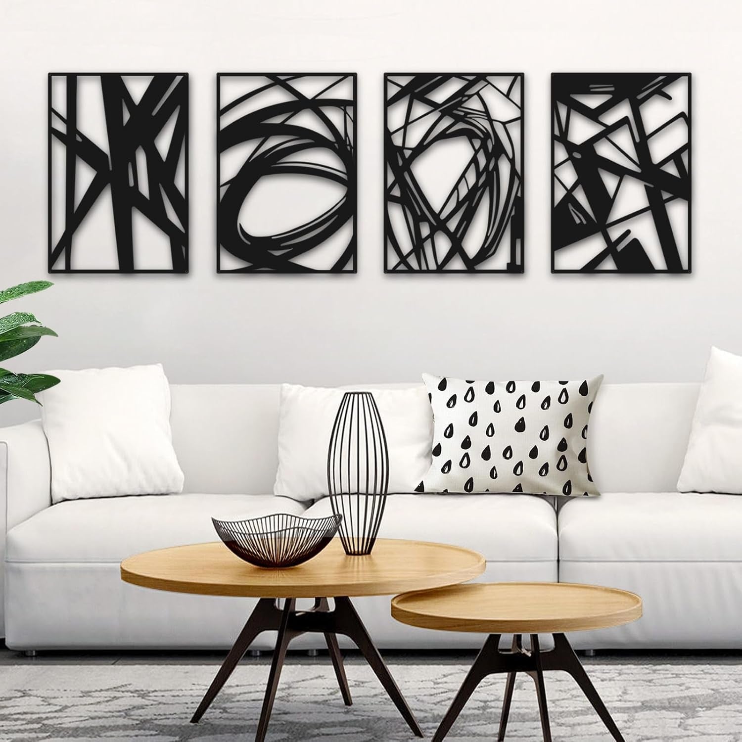 Black Abstract Wall Art, Metal Art Wall Decor, Modern Large Wall Art, 3D Abstract Wall Sculptures (4 Pack, 16 X 11 In)