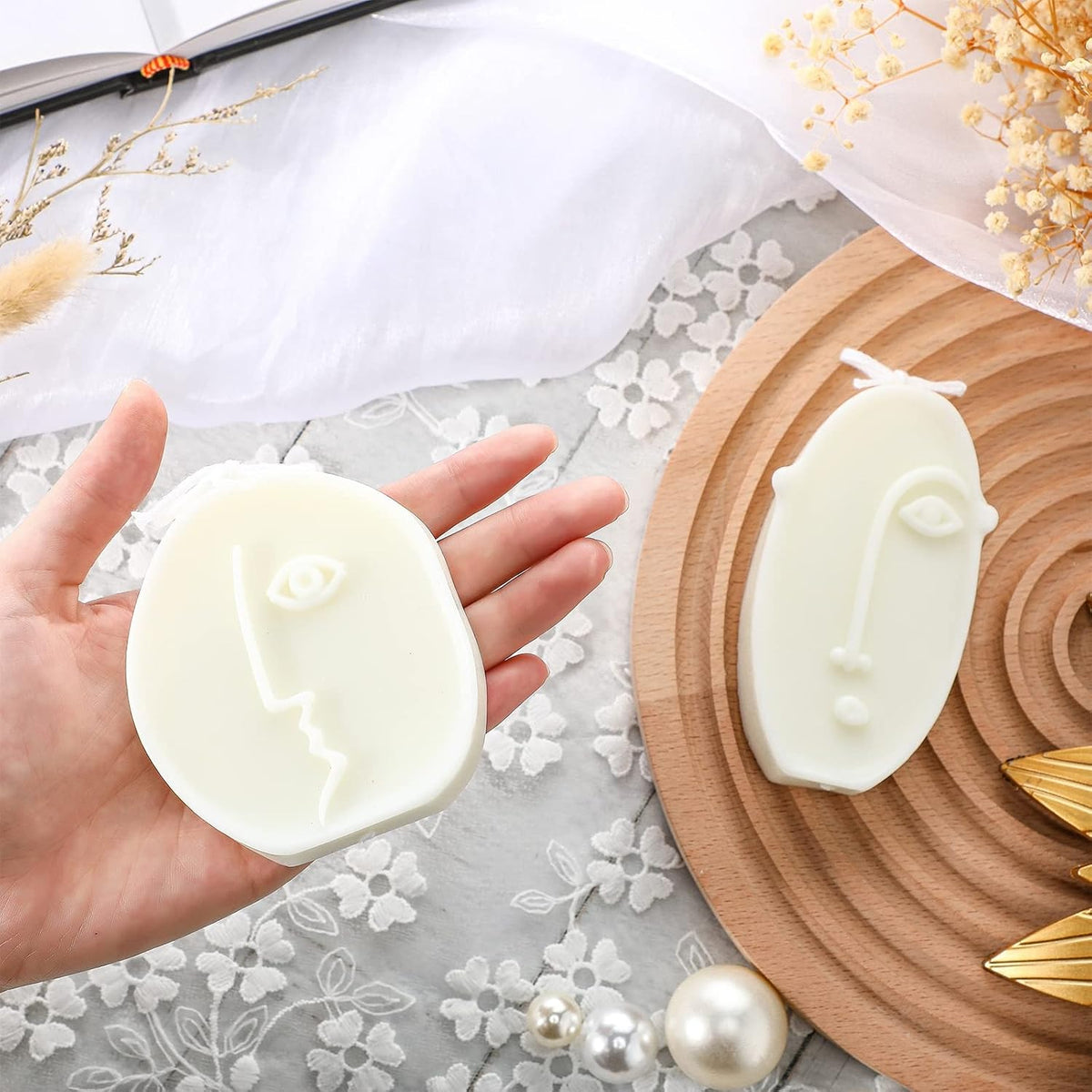 2 Pcs Shaped Candles Cool Candles Aesthetic Weird Face Geometric White Decorative Sculpture Scented Soy Wax Fun Modern Trendy for Bedroom Bathroom Shelf Decor(Cute Style)