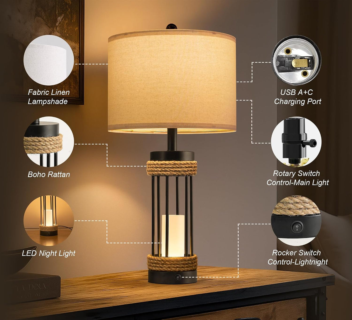 25" Table Lamps Set of 2, Rustic Lamps with USB C+A Charging Ports, Black Metal Lamp with Rope Accent and Frosted Glass