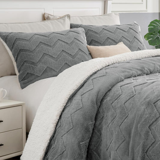 Fluffy Twin Comforter Set - Super Soft Sherpa Grey Comforter for Twin Size Bed, Luxury Warm Bedding Set for Winter, Fuzzy Bed Set 2 Piece (1 Comforter, 1 Pillowcase)