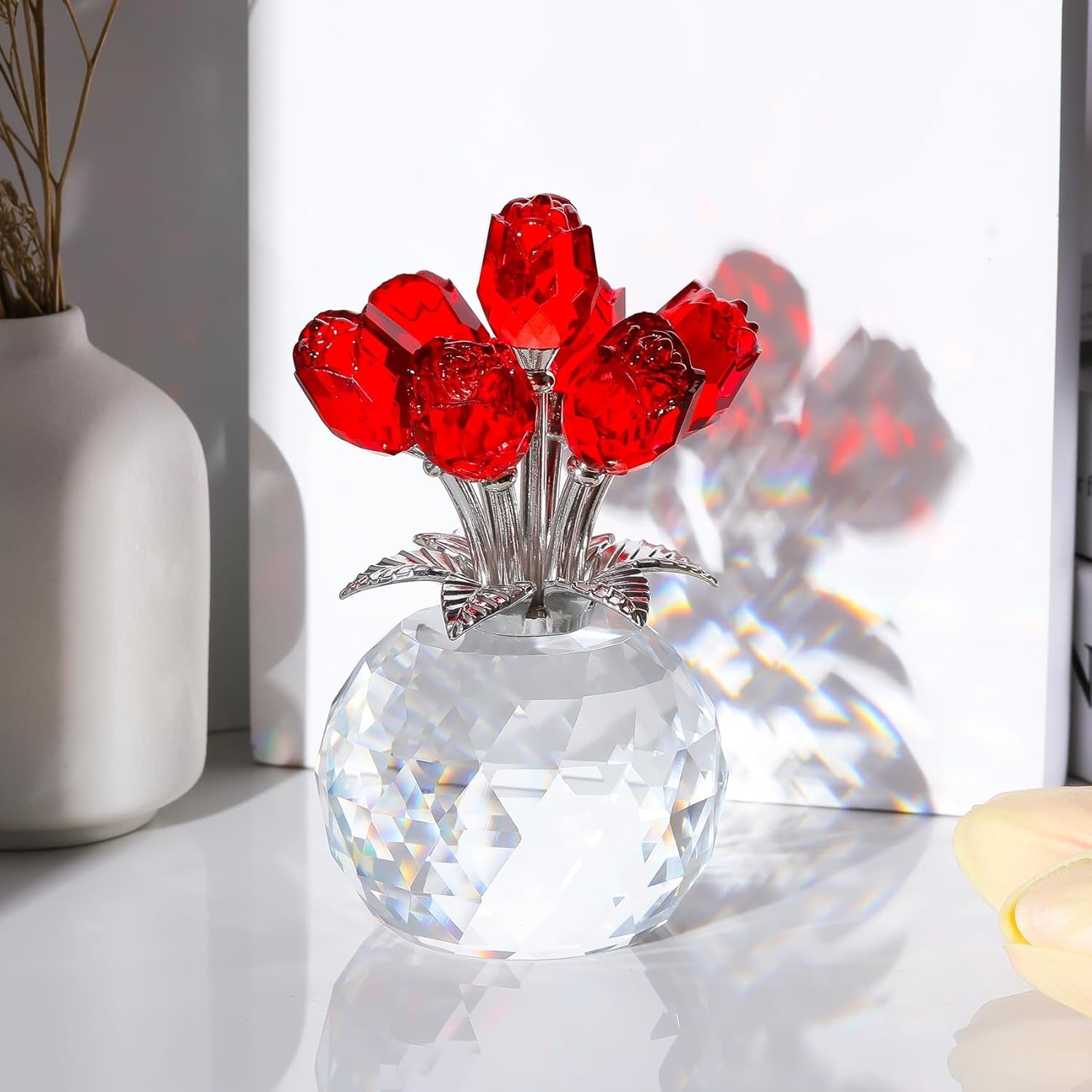 Crystal Red Rose Bouquet Figurine with round Vase