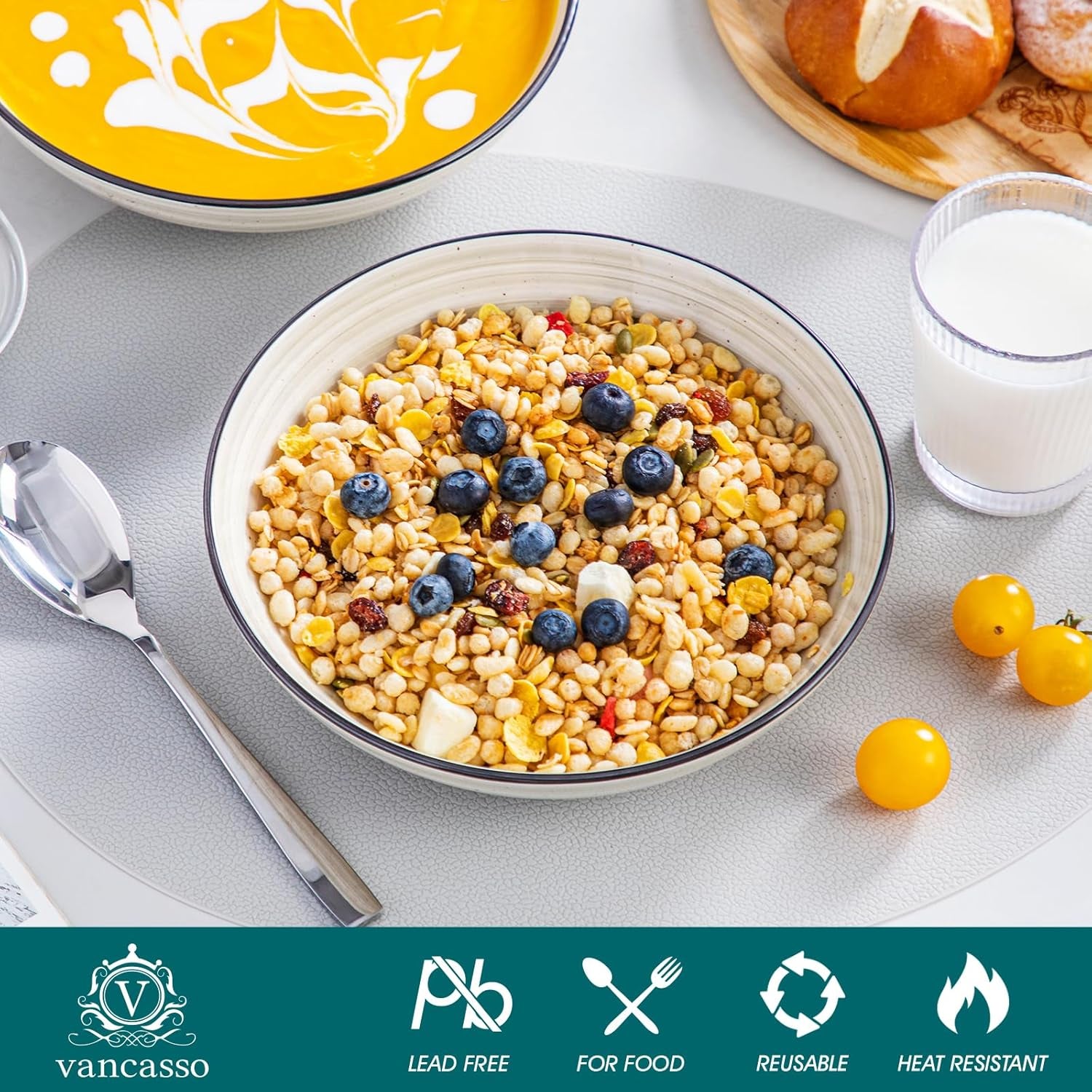 Bonbon Pasta Bowls Set of 6, 38 Oz Ceramic Salad Bowls, Wide and Shallow Bowls Set, Large Serving Bowls for Kitchen, Beige