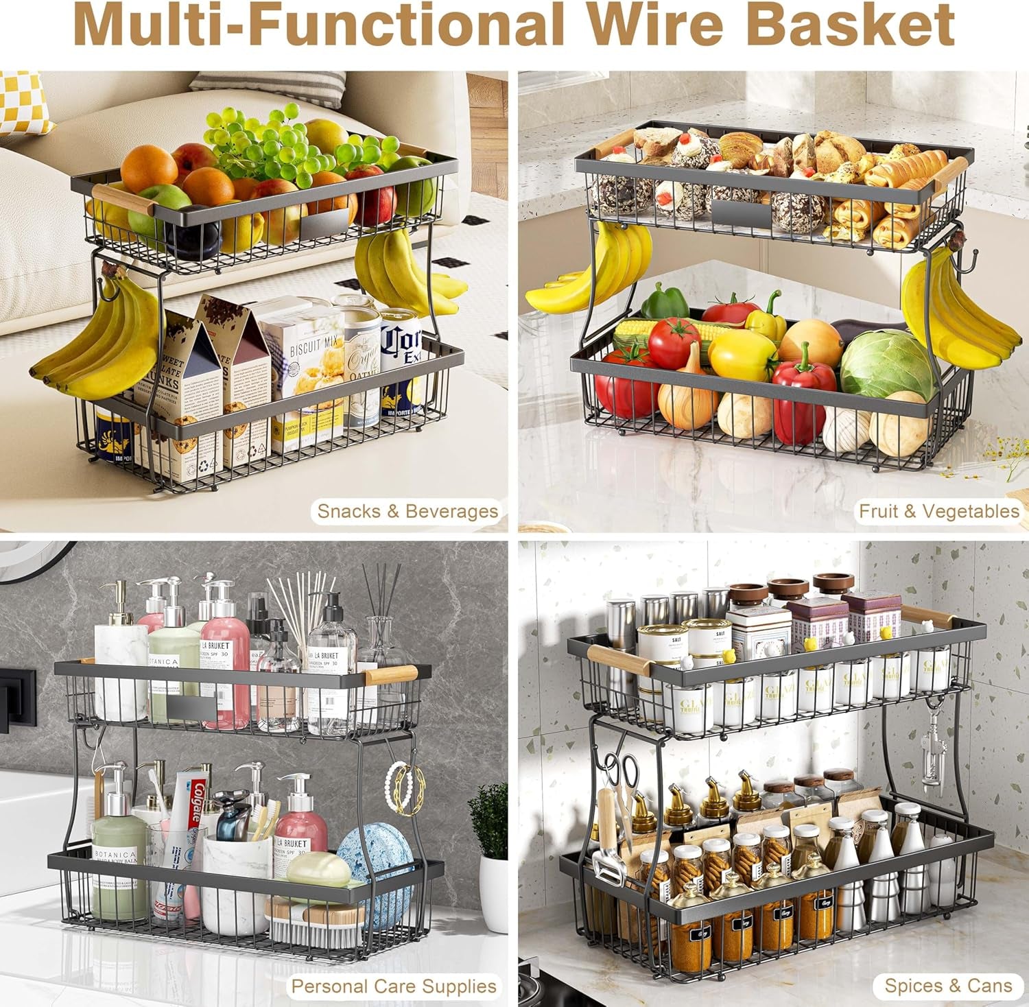 2 Tier Fruit Basket for Kitchen Counter, Wire Tiered Fruit Stand with Hangers & Handles, Black