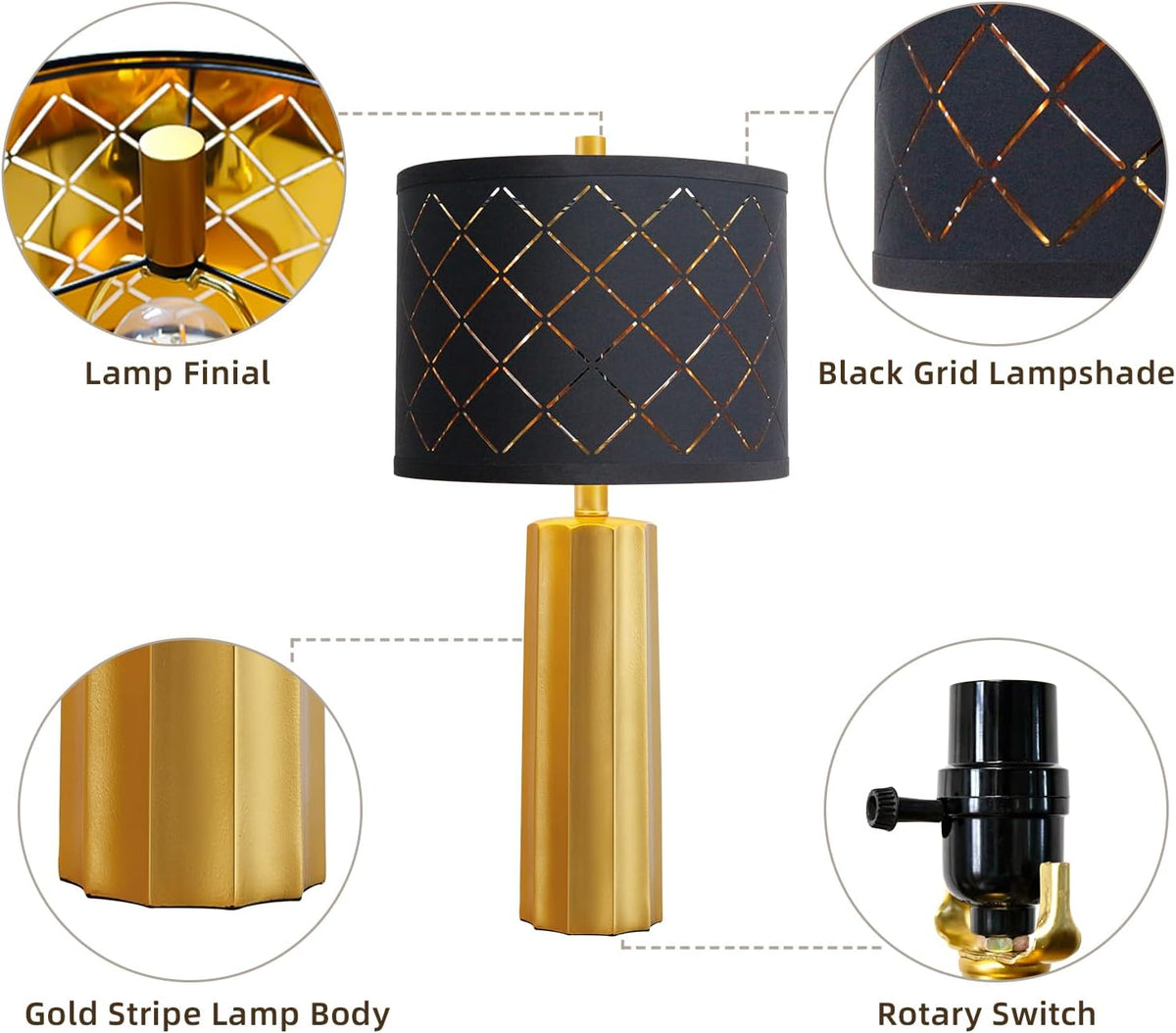 Set of 2 Modern Table Lamps, Gold Nightstand Resin Lamps with Black Grid Shade, 2 Bulbs Included (Gold)