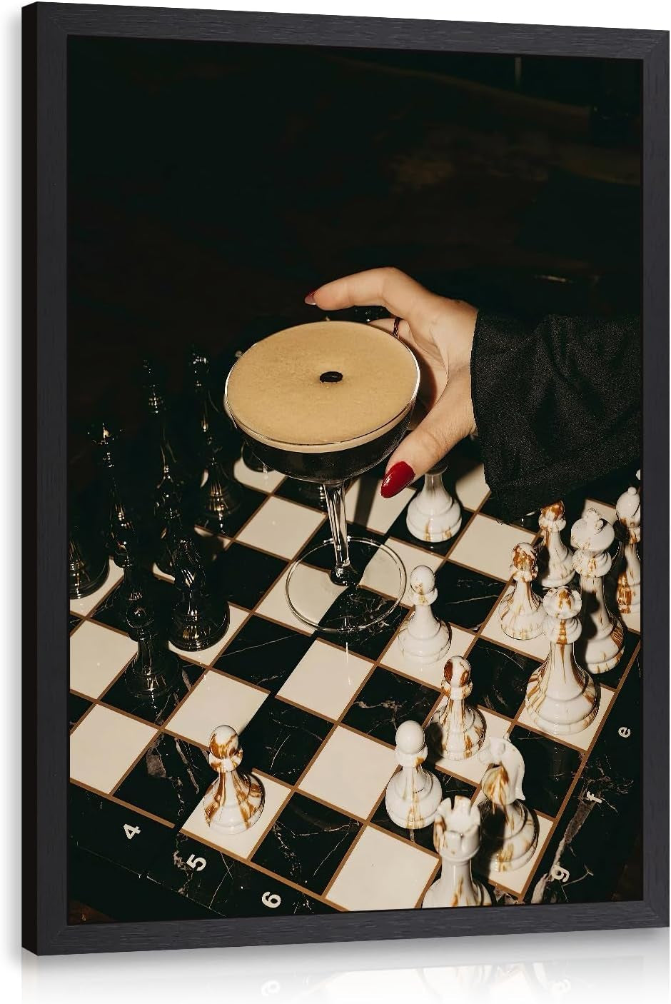 Wood Framed Chess Cocktail Wall Art, Espresso Martini Bar Wall Decor, Modern Coffee Bar Chessboard Poster Print, Moody Black and White Cafe Artwork for Kitchen Dining Room Office 12X16 Inch