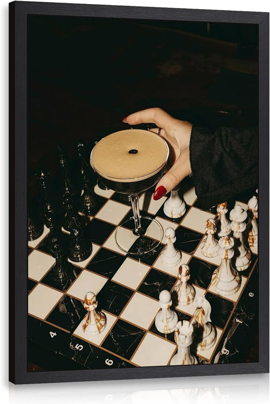 Wood Framed Chess Cocktail Wall Art, Espresso Martini Bar Wall Decor, Modern Coffee Bar Chessboard Poster Print, Moody Black and White Cafe Artwork for Kitchen Dining Room Office 12X16 Inch