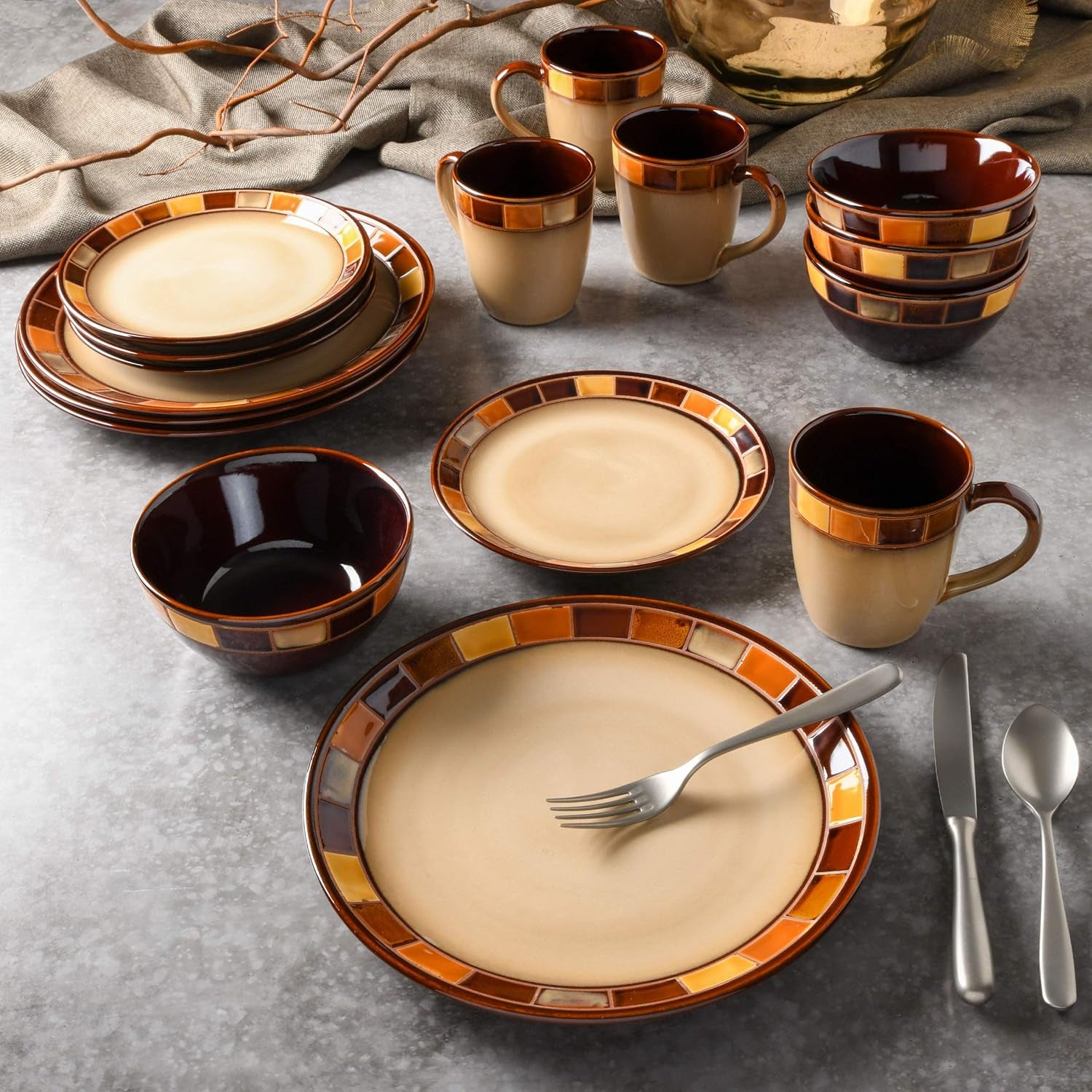 Casa Estebana 16-Piece Dinnerware Set Service for 4, Beige and Brown - 70736.16RM