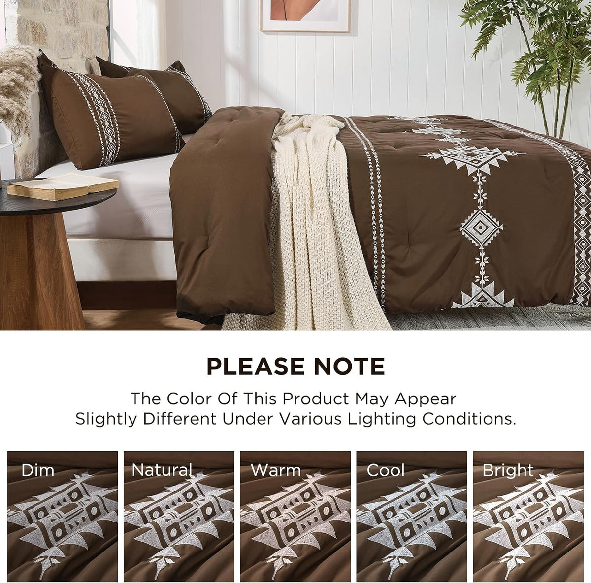Embroidered Comforter Set Queen, 3-Piece Boho Bedding, Brown