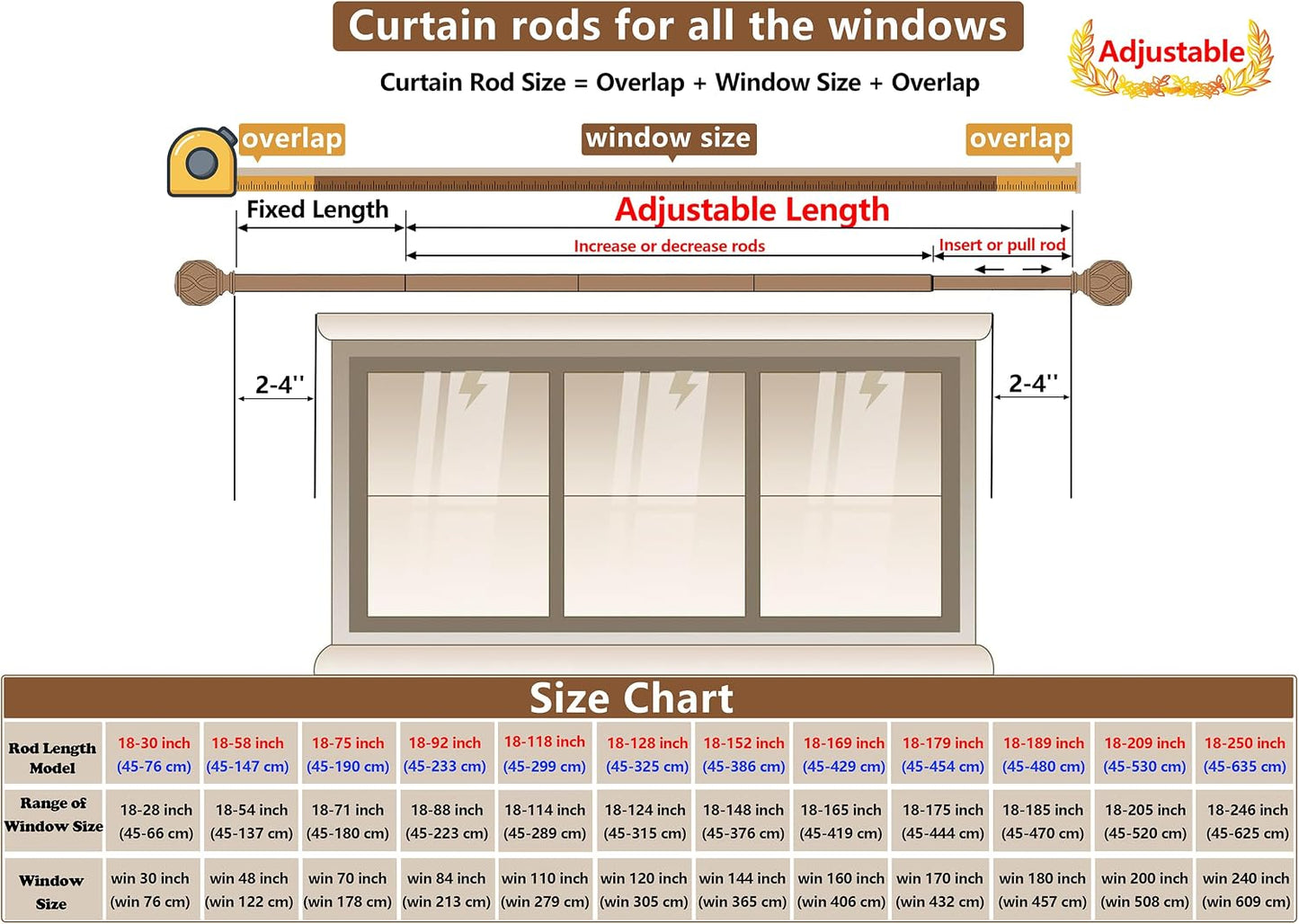Curtain Rods 18-152 Inch, for Window 144 Inch, Adjustable Length Heavy Duty Diameter 7/8 Inch, Decorative Finials, Bronze