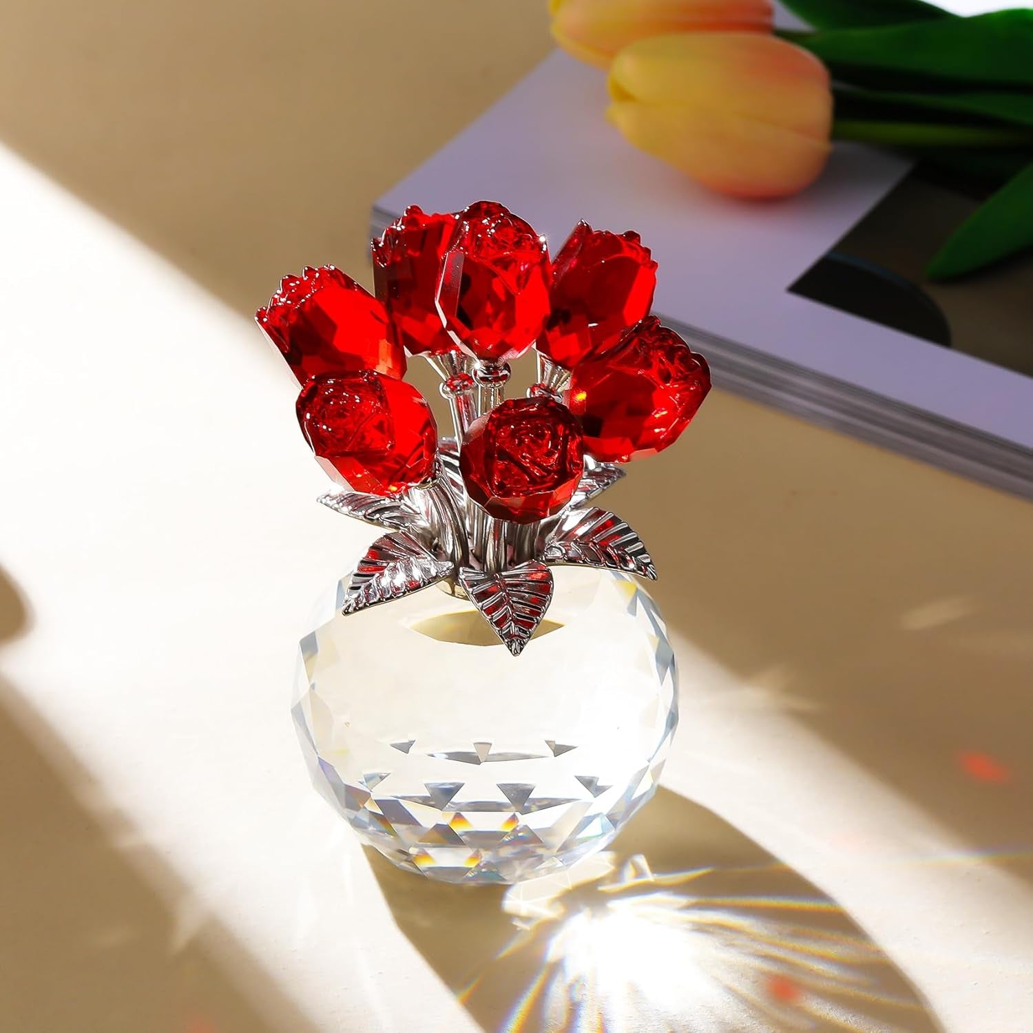 Crystal Red Rose Bouquet Figurine with round Vase