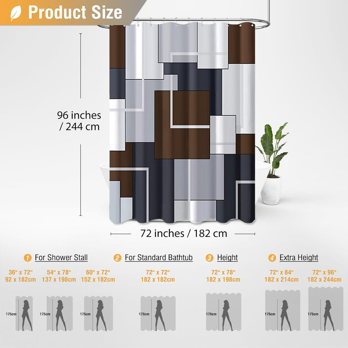 Brown Long Modern Geometric Waterproof Fabric Shower Curtain, 72 X 96