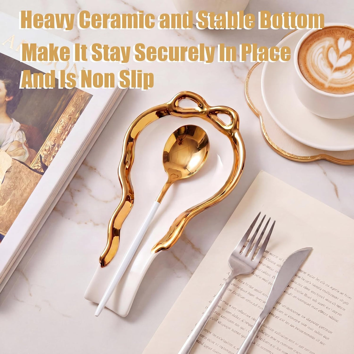 Gold Bow Spoon Rest, Large Ceramic Spoon Holder for Stove Top