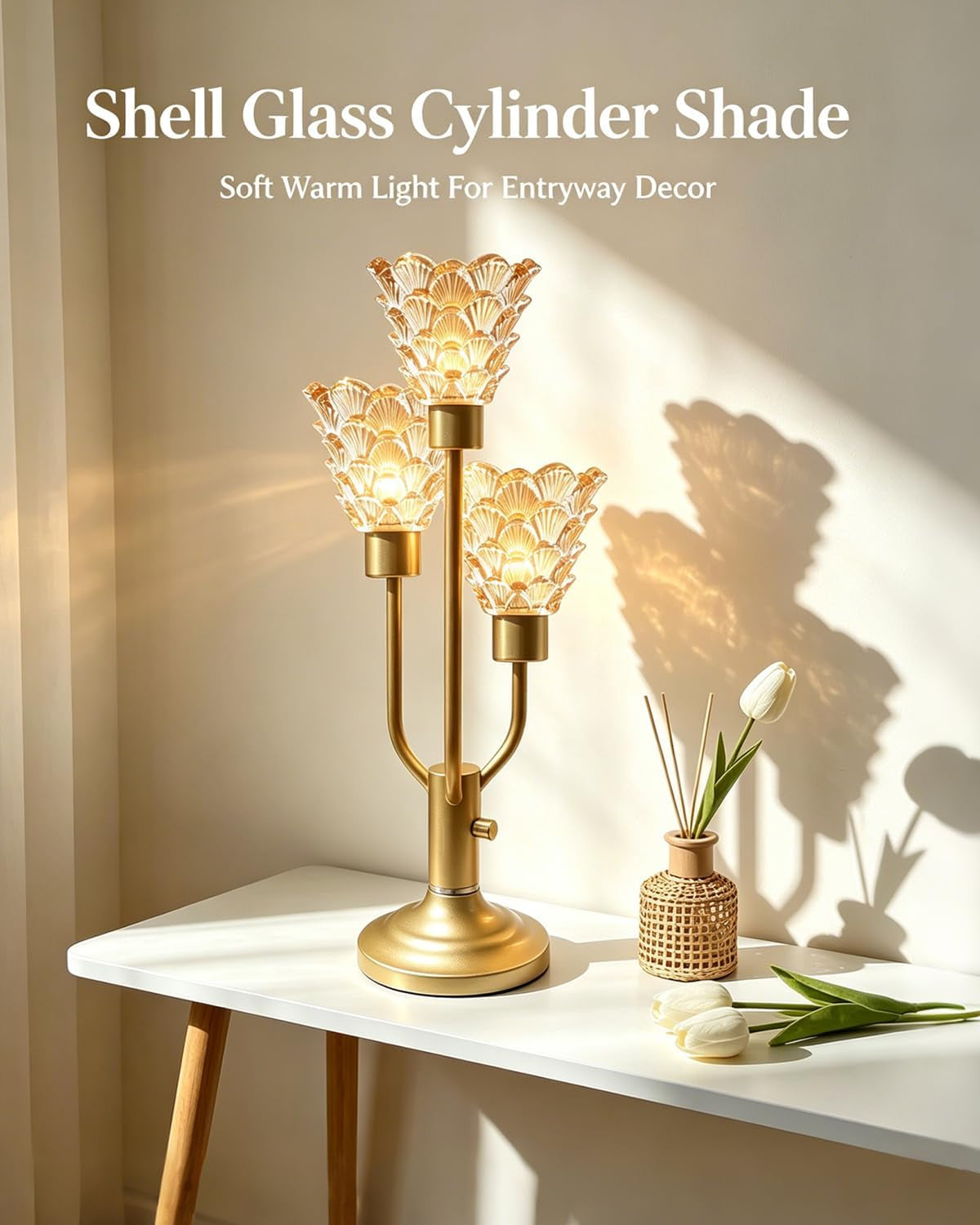  Modern Gold Glass Table Lamp Dimmable 3 Bulbs Included, Nightstand Lamp Vintage, with Amber Glass Warm white 