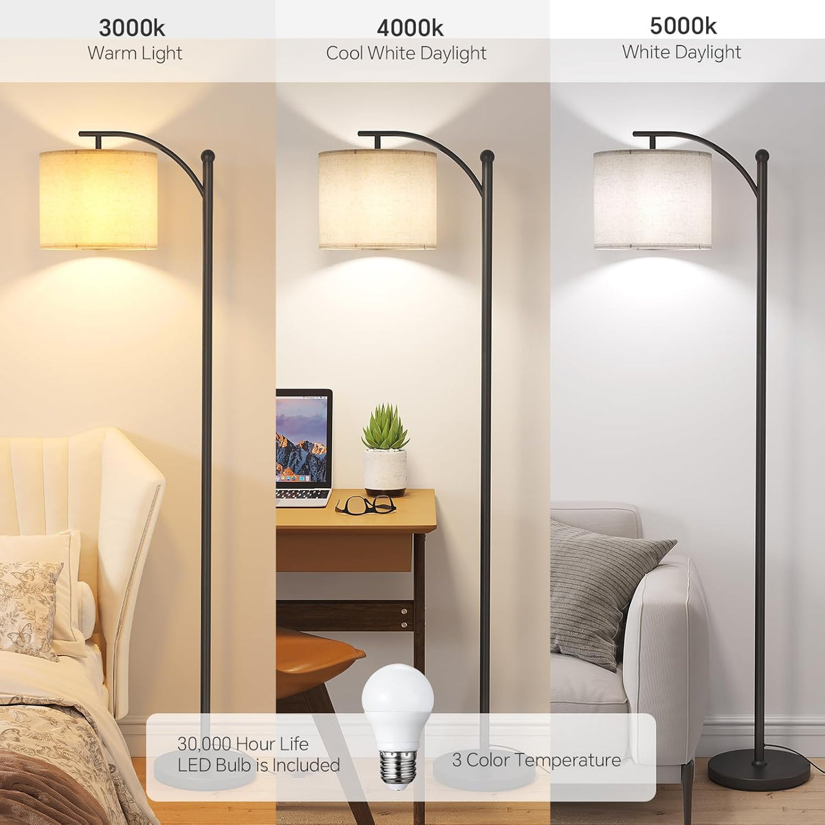 Arc Floor Lamp, Modern Floor Lamp with 3 Color Temperatures Bulb, Metal Standing with Adjustable Hanging, Black