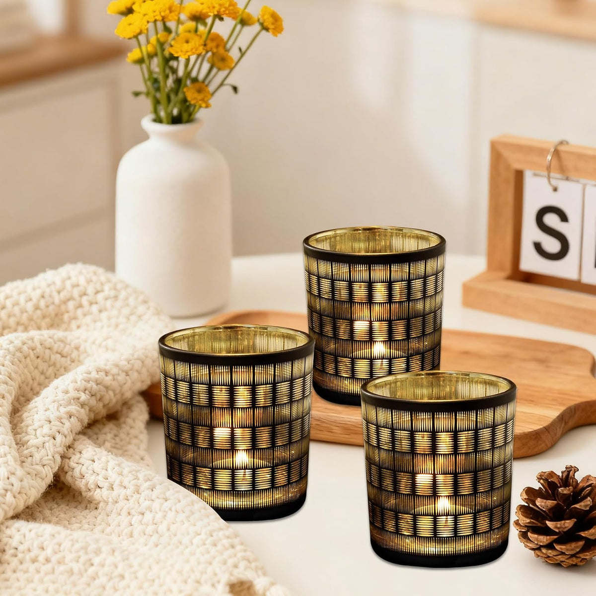 Votive Candle Holders, Set of 3 Black and Gold Glass Tealight Candle Holder with Woven Pattern, Vintage Tea Light Holders for Chirstmas Table Centerpieces Birthday Party Home Decor
