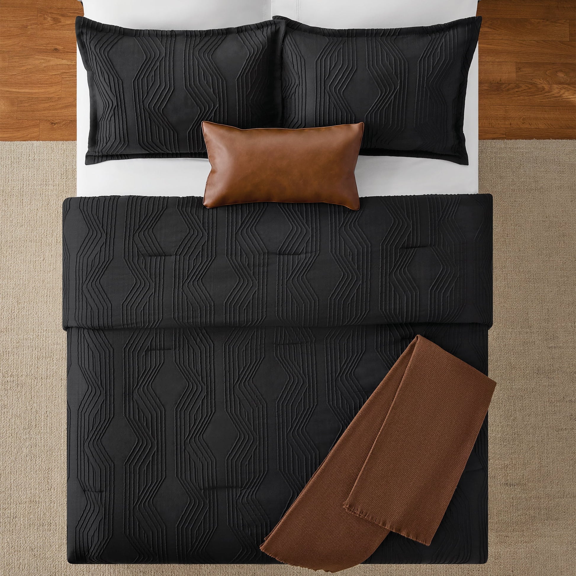 King Comforter Set, All-Season, 5-Piece, Black Jacquard Geo