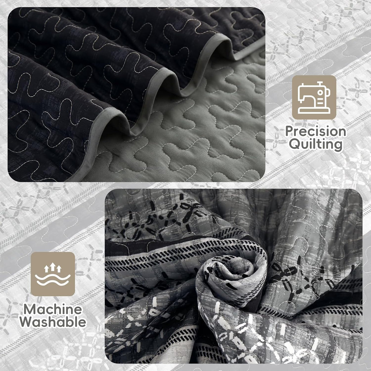 Quilt King Size,Black Grey Patchwork Striped Bedspread 3 Pcs