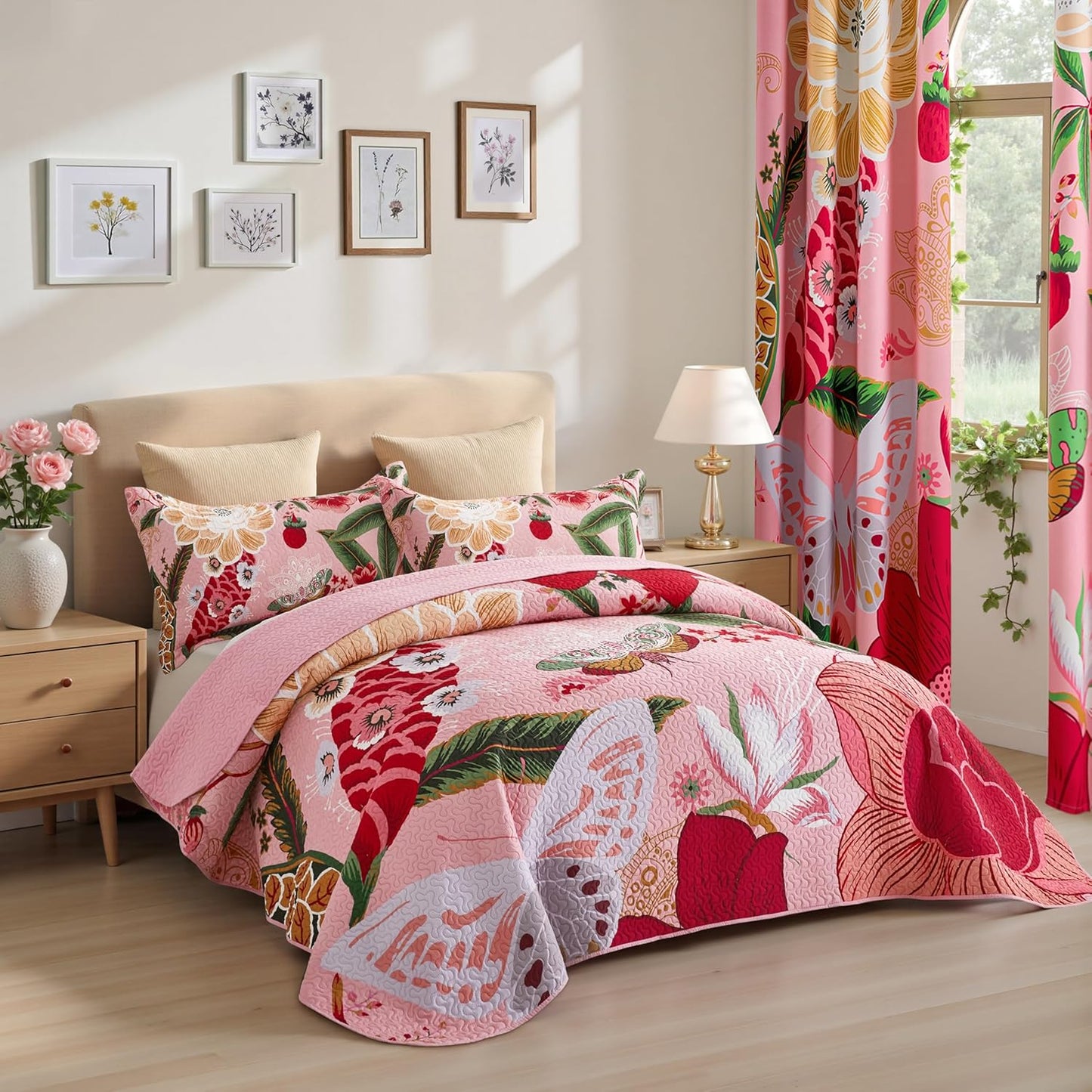 3 Piece Pink Boho Floral Full/Queen Quilt Sets Farmhouse Botanical Reversible Lightweight Bedspread Butterfly Leaves, 118''X106''