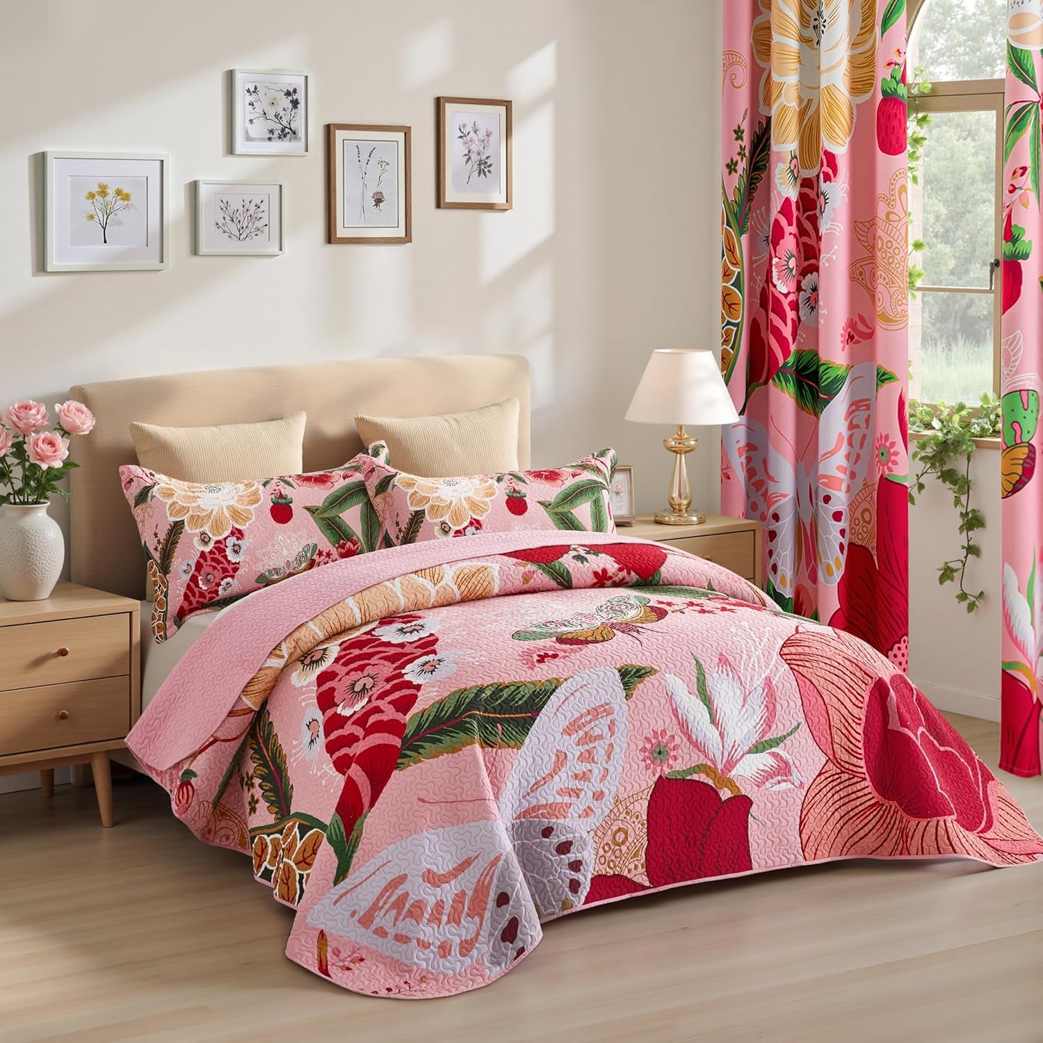 3 Piece Pink Boho Floral Full/Queen Quilt Sets Farmhouse Botanical Reversible Lightweight Bedspread Butterfly Leaves, 118''X106''