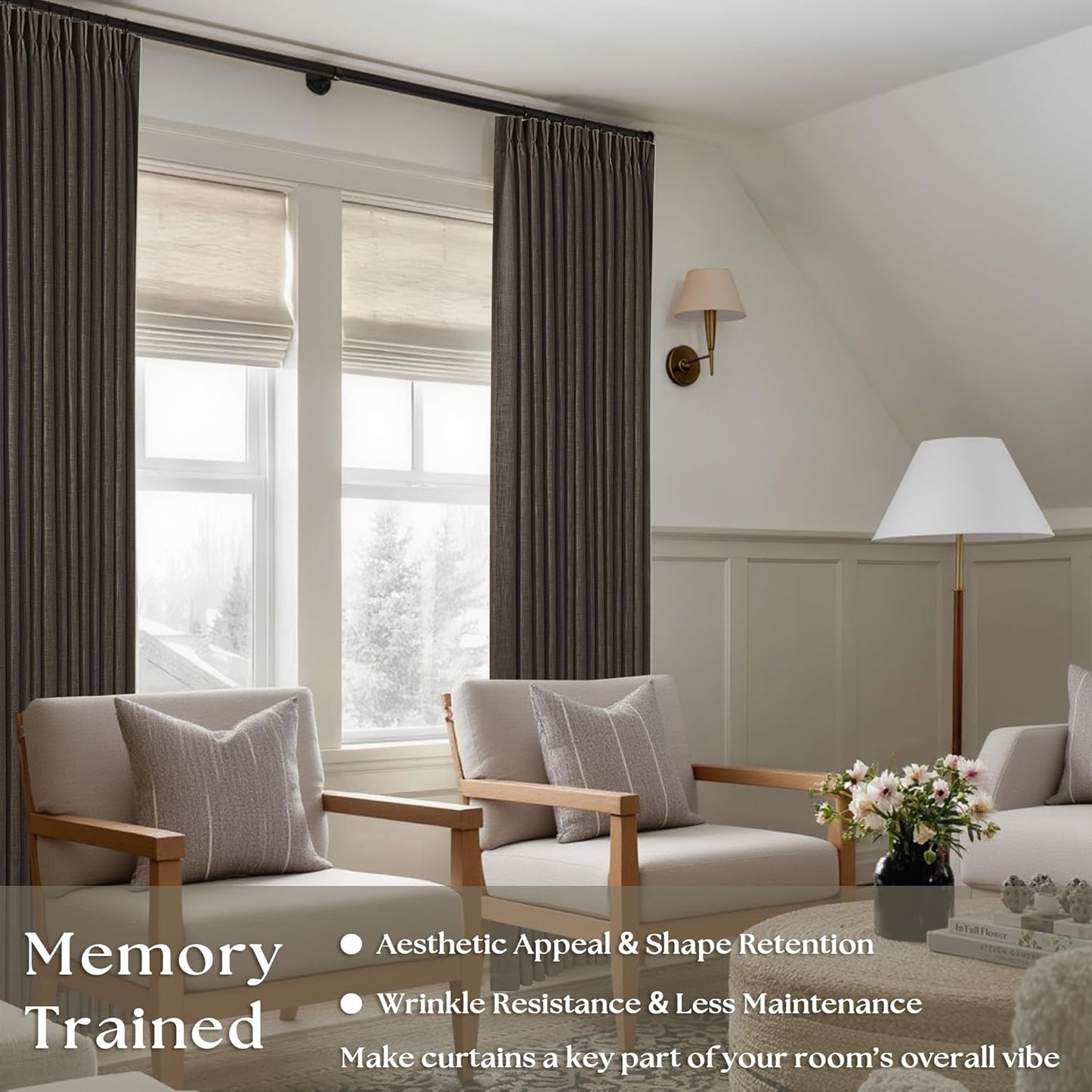 Dark Chocolate Pinch Pleated Linen Curtains 2 Panels Memory Training Shaped Semi Sheer Pleat Drapes with Hooks Rings Light Filtering Window Curtain 40X90
