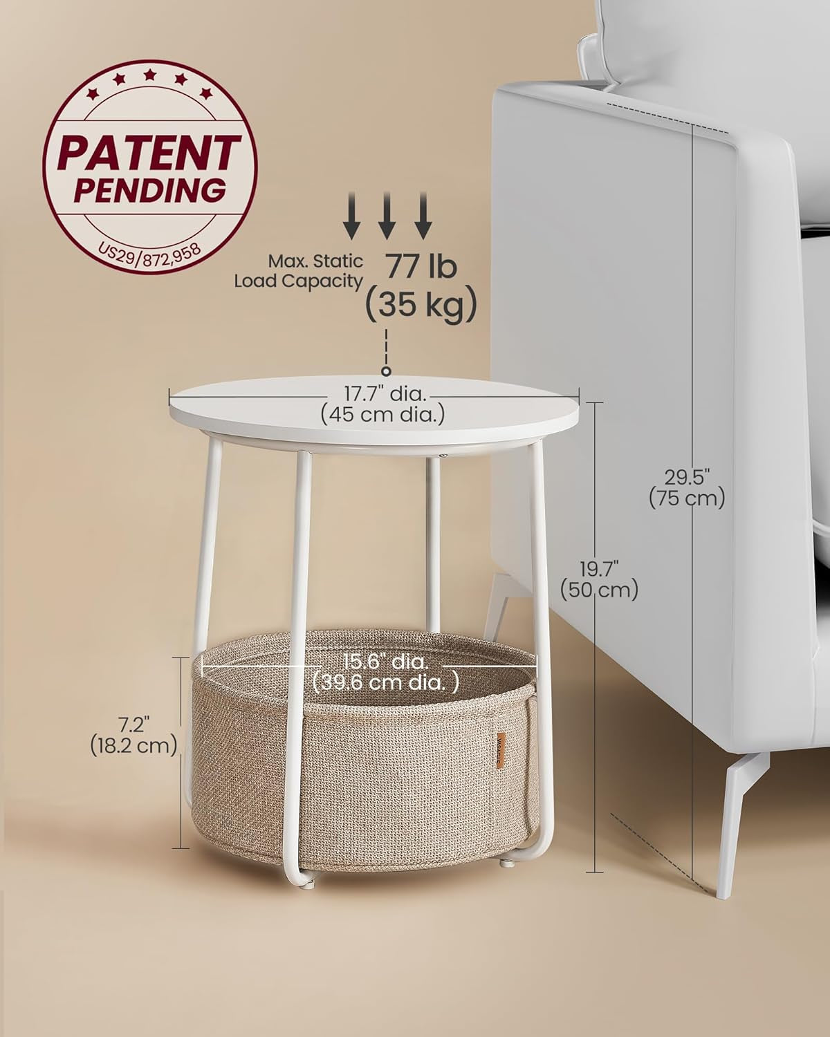 End Table, Small Bedside Table with Fabric Basket, Modern Nightstand, round Side Table, for Living Room, Bedroom, Matte White and Camel Brown ULET223W10