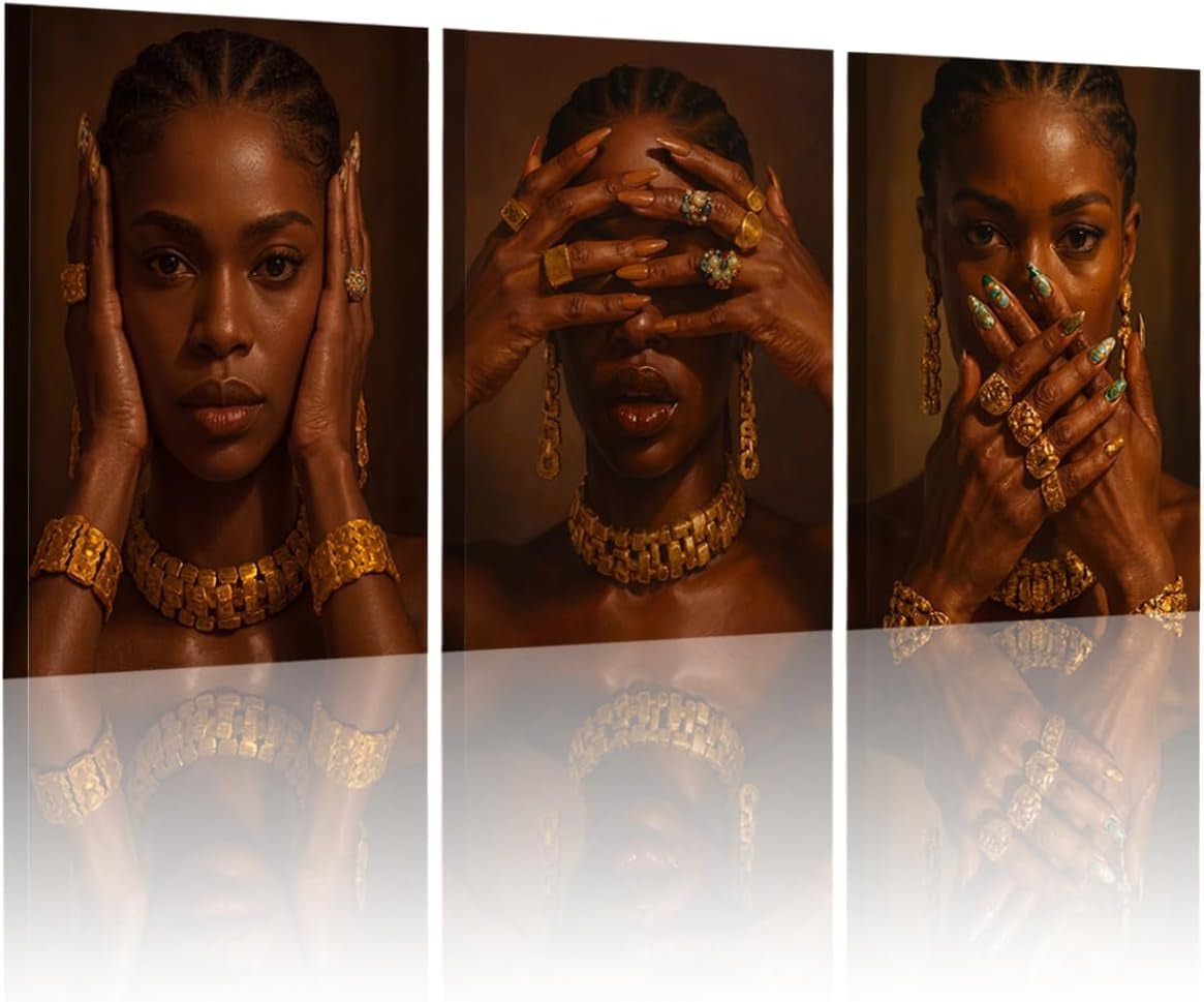 Set of 3 Framed Canvas Wall Art African Woman Portrait Wall Decor Modern Brown Gold Artwork Prints Luxury Fashion Poster Pictures for Living Room Bedroom Office Home Decoration 12X16 Inch