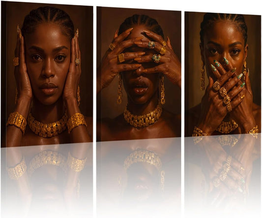 Set of 3 Framed Canvas Wall Art African Woman Portrait Wall Decor Modern Brown Gold Artwork Prints Luxury Fashion Poster Pictures for Living Room Bedroom Office Home Decoration 12X16 Inch