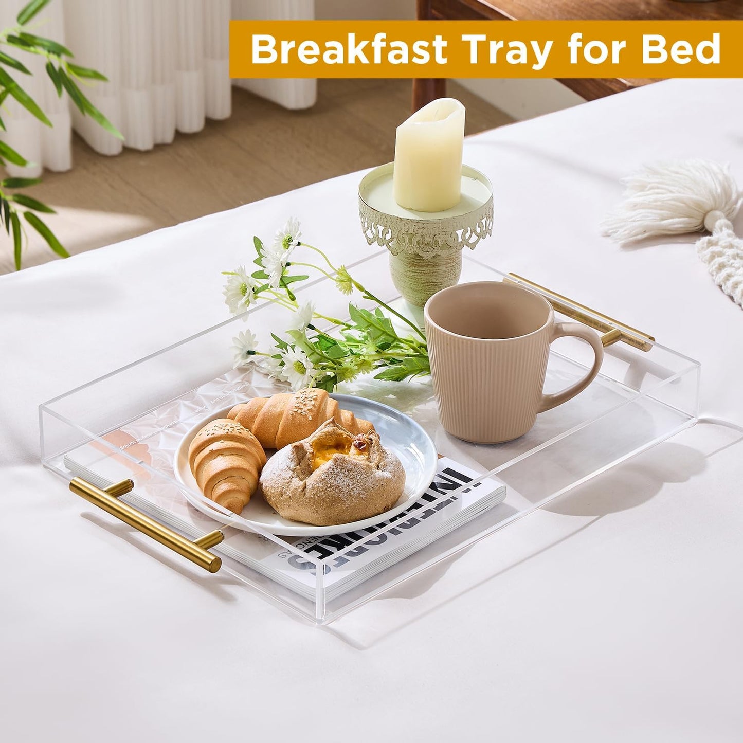 12"X16" Clear Acrylic Serving Tray with Golden Handles, Storage Tray (12"X16")