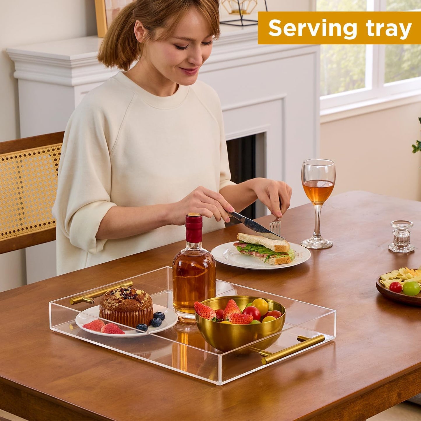 12"X16" Clear Acrylic Serving Tray with Golden Handles, Storage Tray (12"X16")