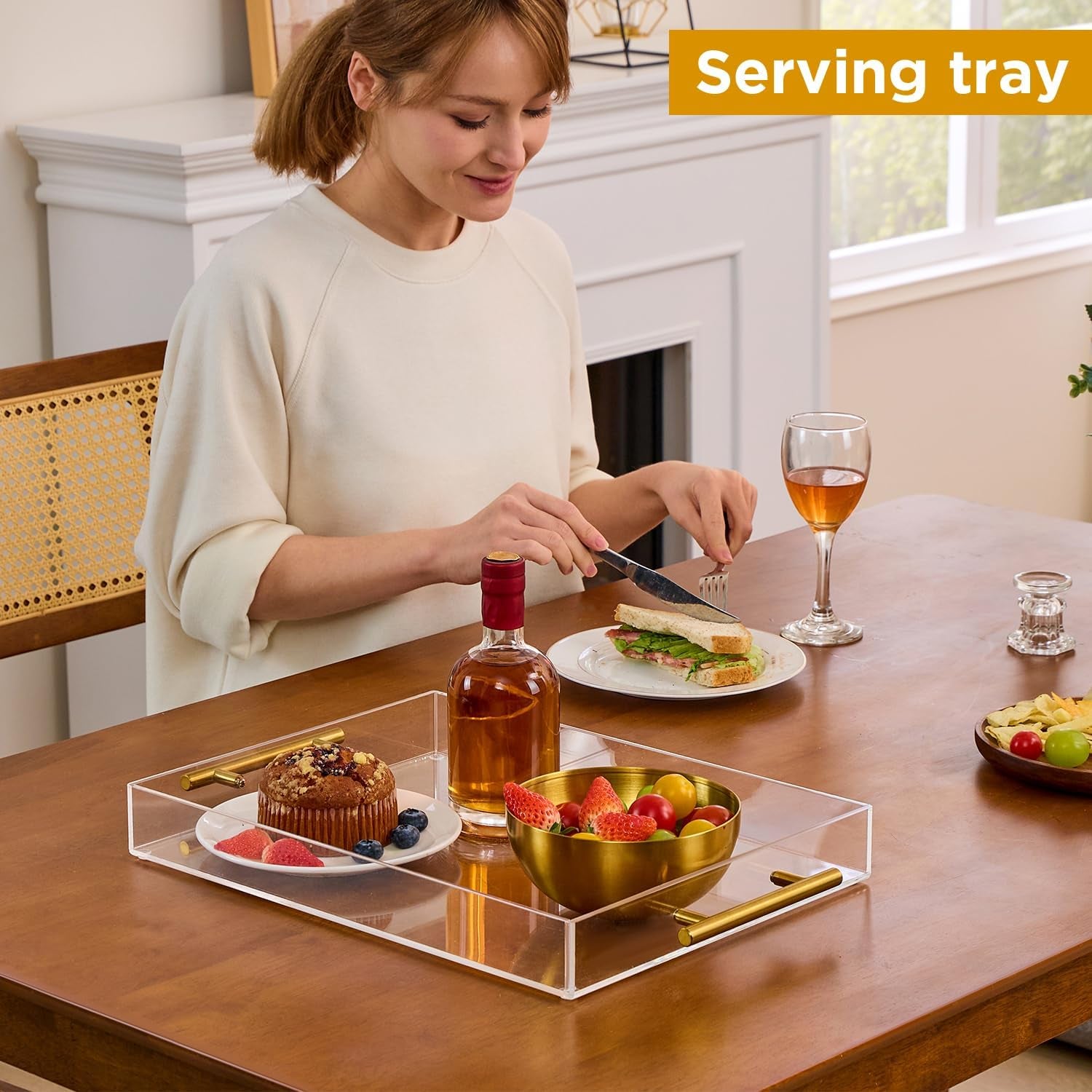 12"X16" Clear Acrylic Serving Tray with Golden Handles, Storage Tray (12"X16")