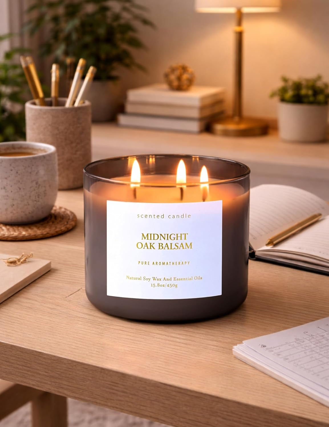 Midnight Oak Balsam 3-Wick Scented Candle, Large Woodsy Soy Candle 15.8 Oz