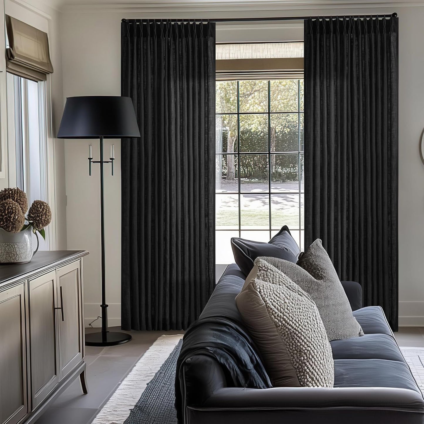 Black Linen Semi Sheer Curtains 90 Inches Long, Light Filtering, Pinch Pleated Curtains 