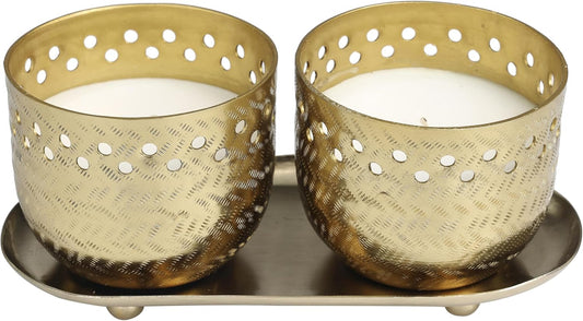 Deco 79 Metal Candle Egyptian Mint Scented Cutout Spotted 7 Oz 1 Wick with White Wax, Set of 2 8" W, 4" H, Gold