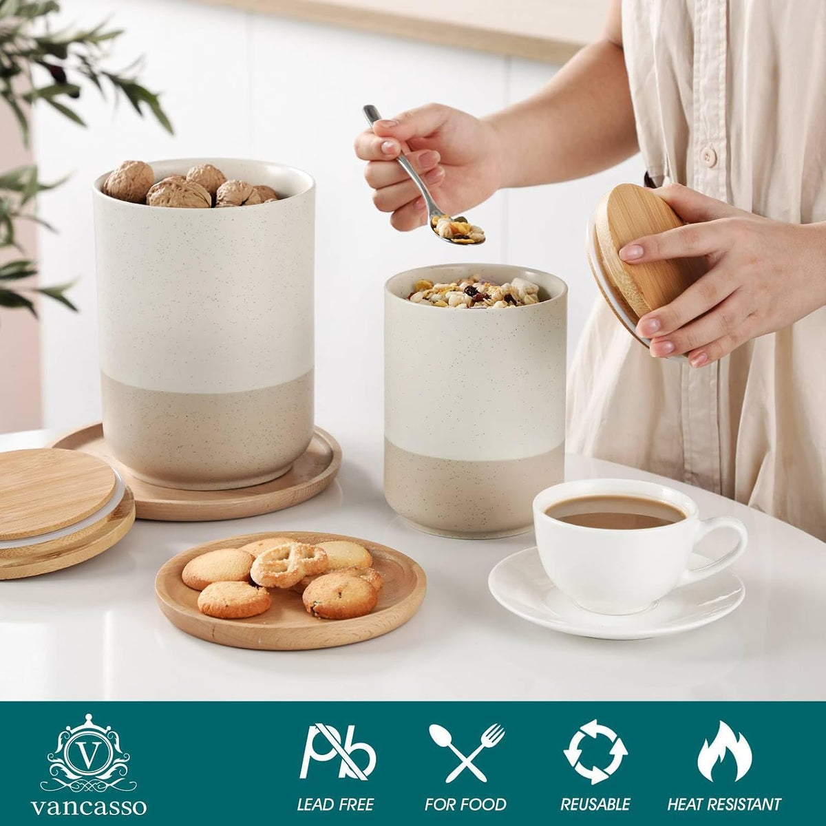 Sabine Kitchen Canister Set of 3, Ceramic Food Storage Containers with Airtight Wood Lids