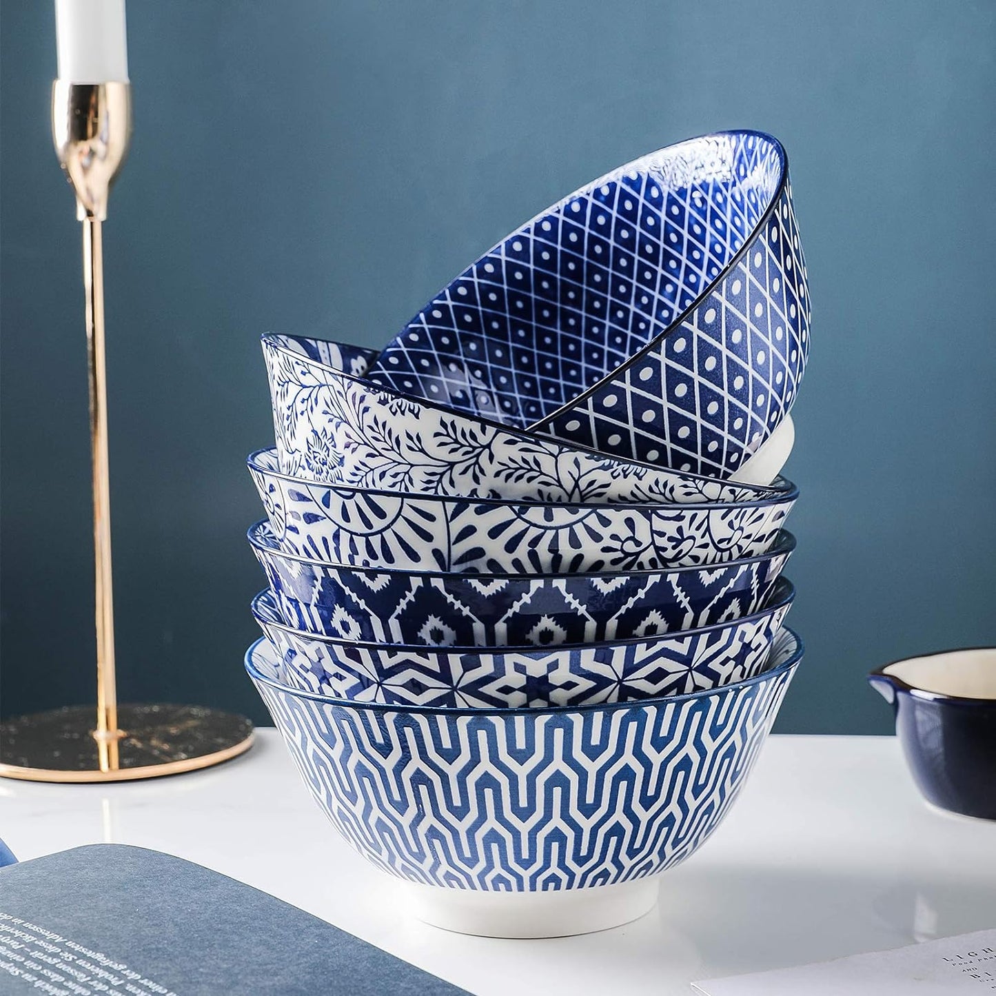 Blue and White Porcelain 20Oz Cereal Bowl Set - Set of 6, 6 Inch Soup Bowls, Vintage Blue