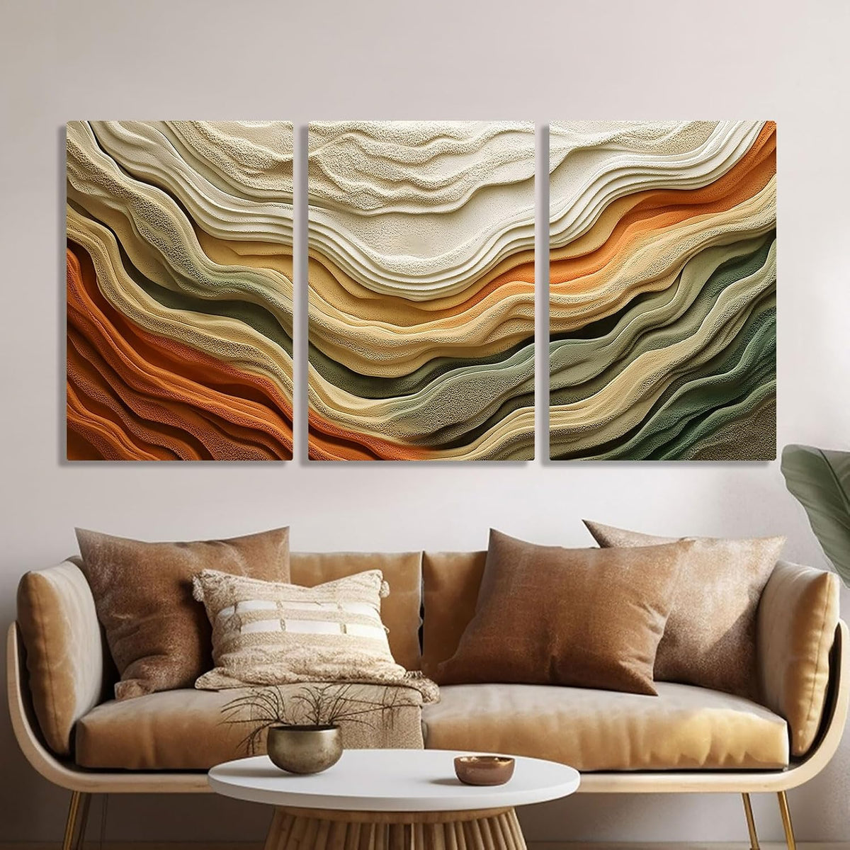 Abstract Neutral Earth-Tone Canvas Wall Art – 3 Panel Layered Landscape Print in Beige, Green & Terracotta – Modern Wall Decor for Living Room, Bedroom, or Office (12" X 18" X 3 Pcs)