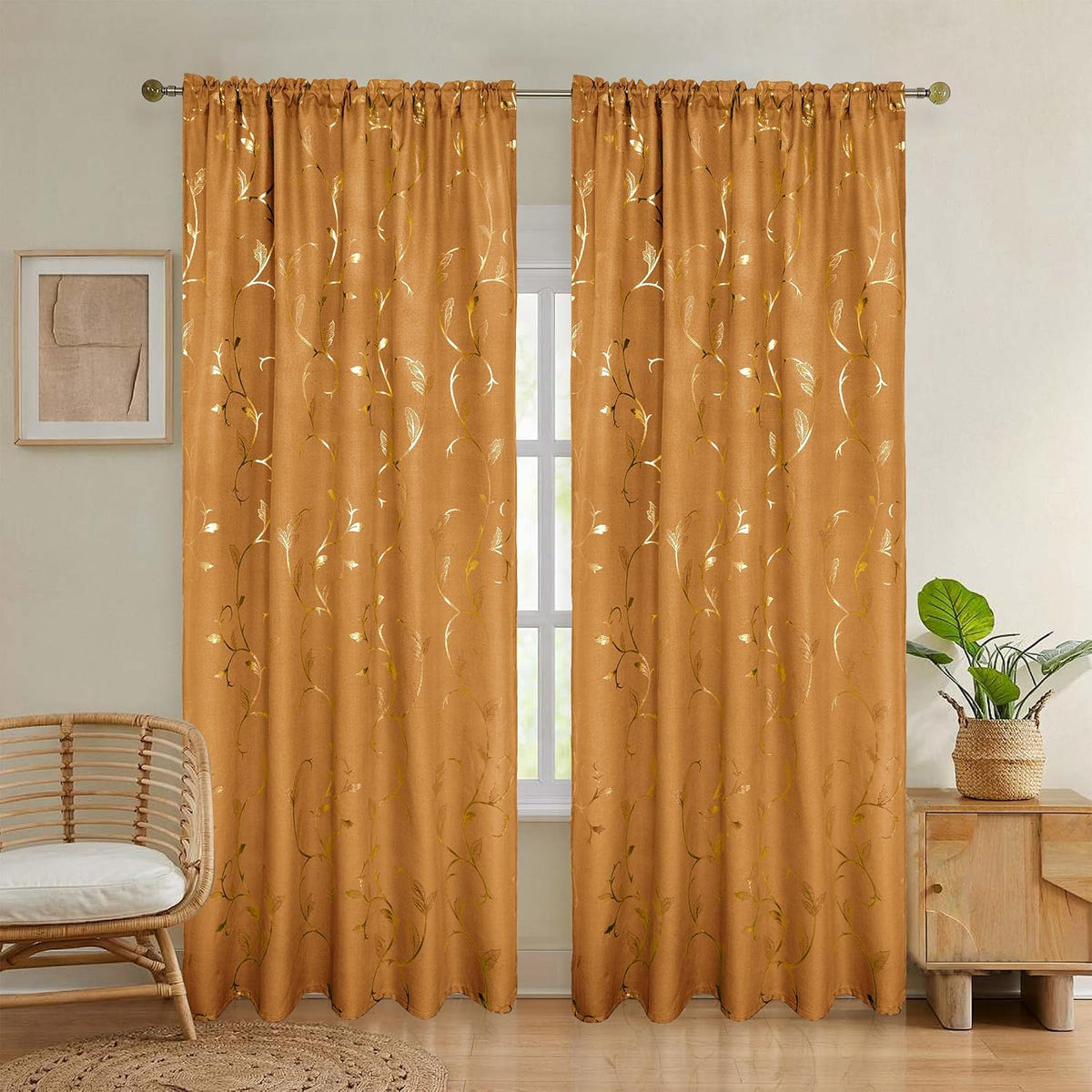 Semi Sheer Curtain 2 Panels Gold Vine Foil Print Floral Textured Linen Blended Voile Window Curtains Light Filtering Sheers Window Treatment Rod Pocket, 52 X 72 Inch, Burnt Orange