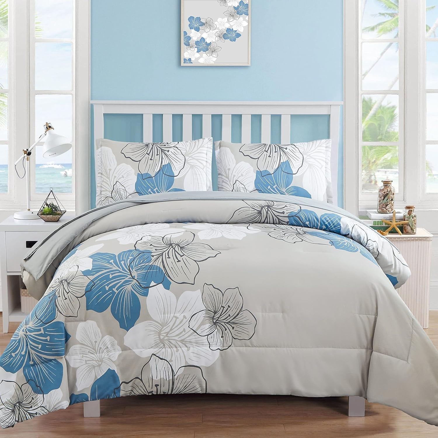 Floral Comforter Set Queen Size, Blue Floral Comforter and Sheet Set, 7 Pieces Bed in a Bag Soft Microfiber Complete Bedding Sets 