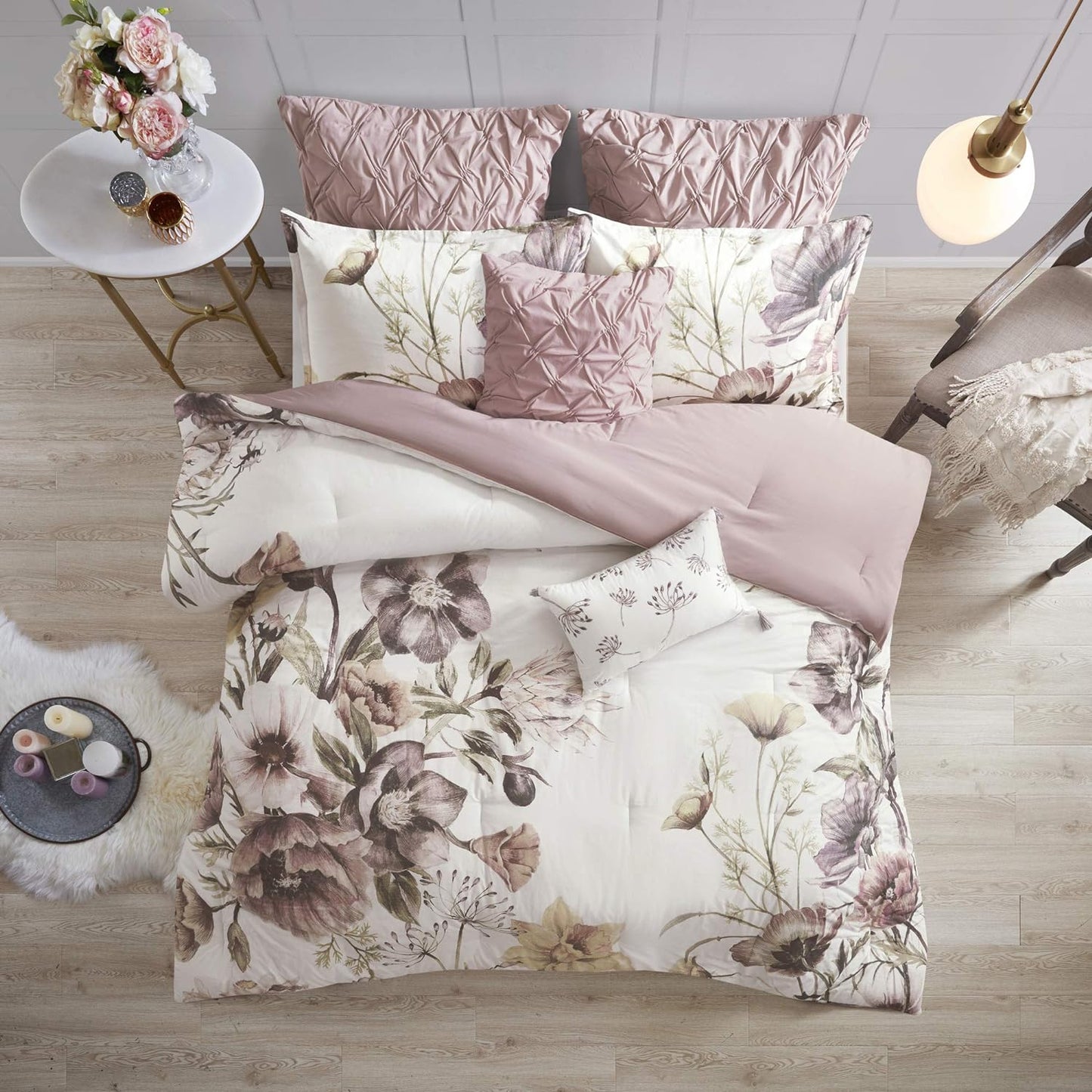 Cassandra Cotton Blend Comforter Set - Colorful Floral Print, Queen, Blush 8 Piece