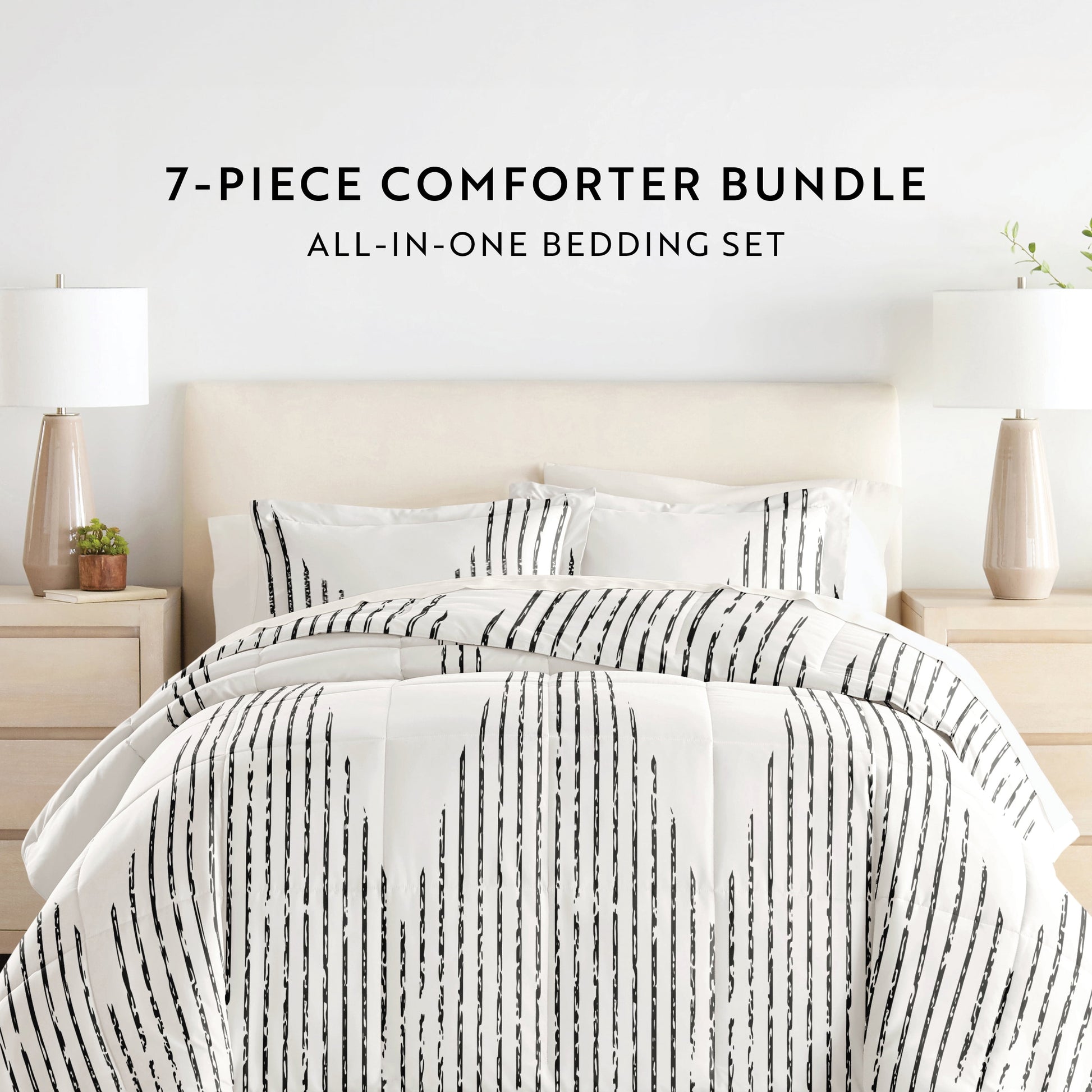 Full Bedding Bundle, Patterned Microfiber Comforter and Solid Sheet Set in Diamond Stripe Gray