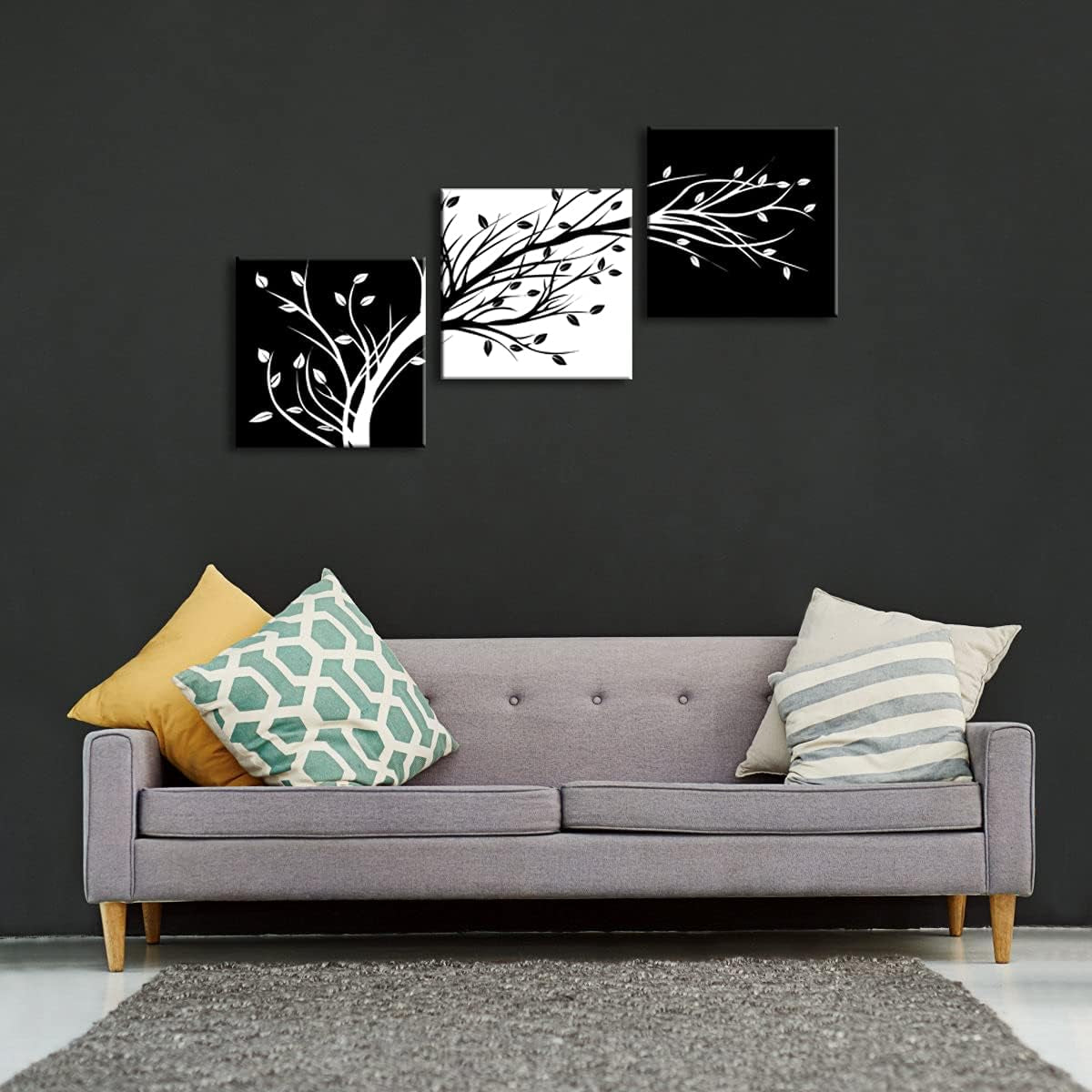 Leaves Modern 3 Panels Flowers Artwork Giclee Canvas Prints Black and White Abstract Floral Trees Pictures Paintings on Canvas Wall Art for Living Room Bedroom Home Decorations