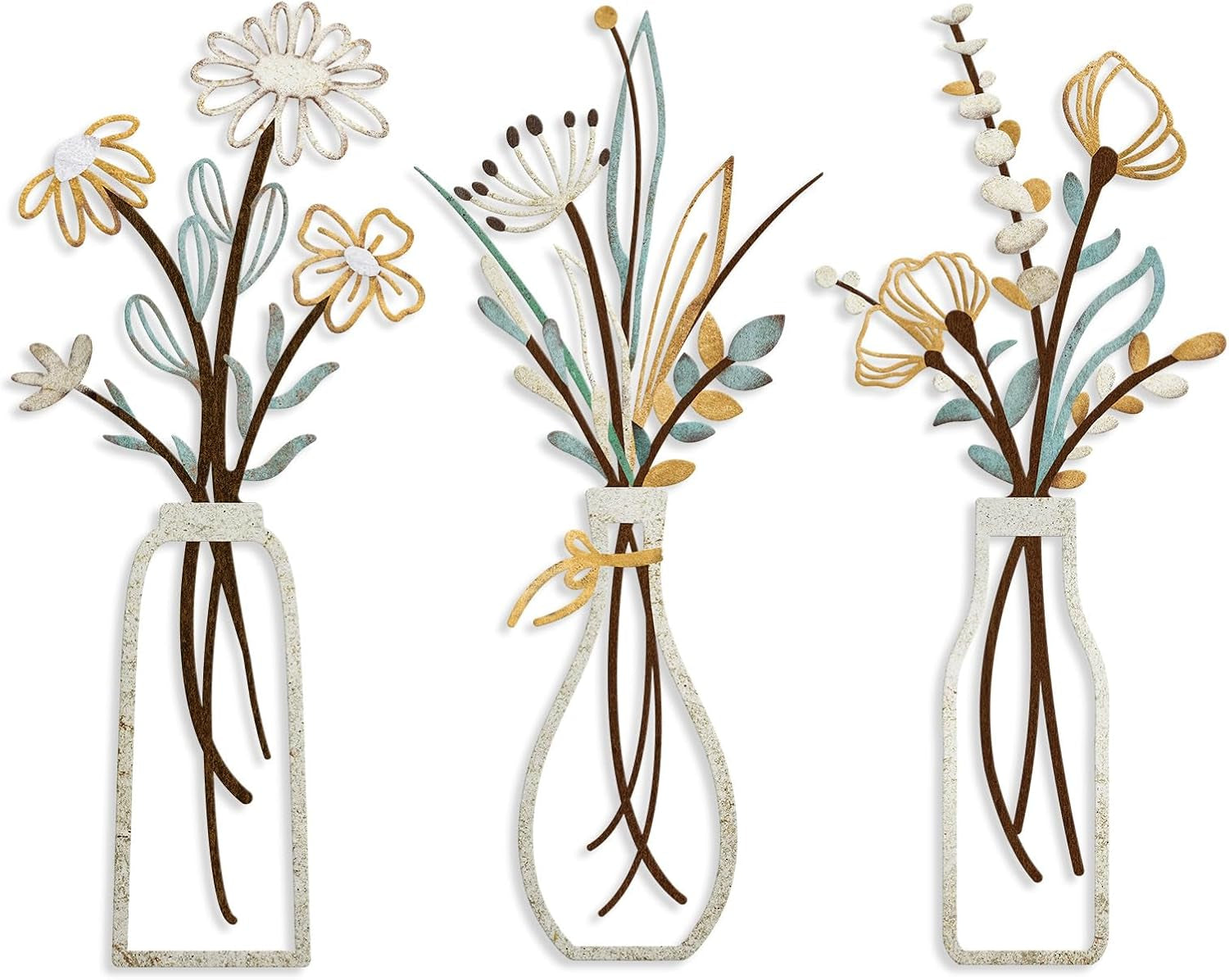 3 Pieces Metal Flowers Wall Arts - Decor Beige Minimalist Flower Wall Decors (Beige Gold, Vase-C)