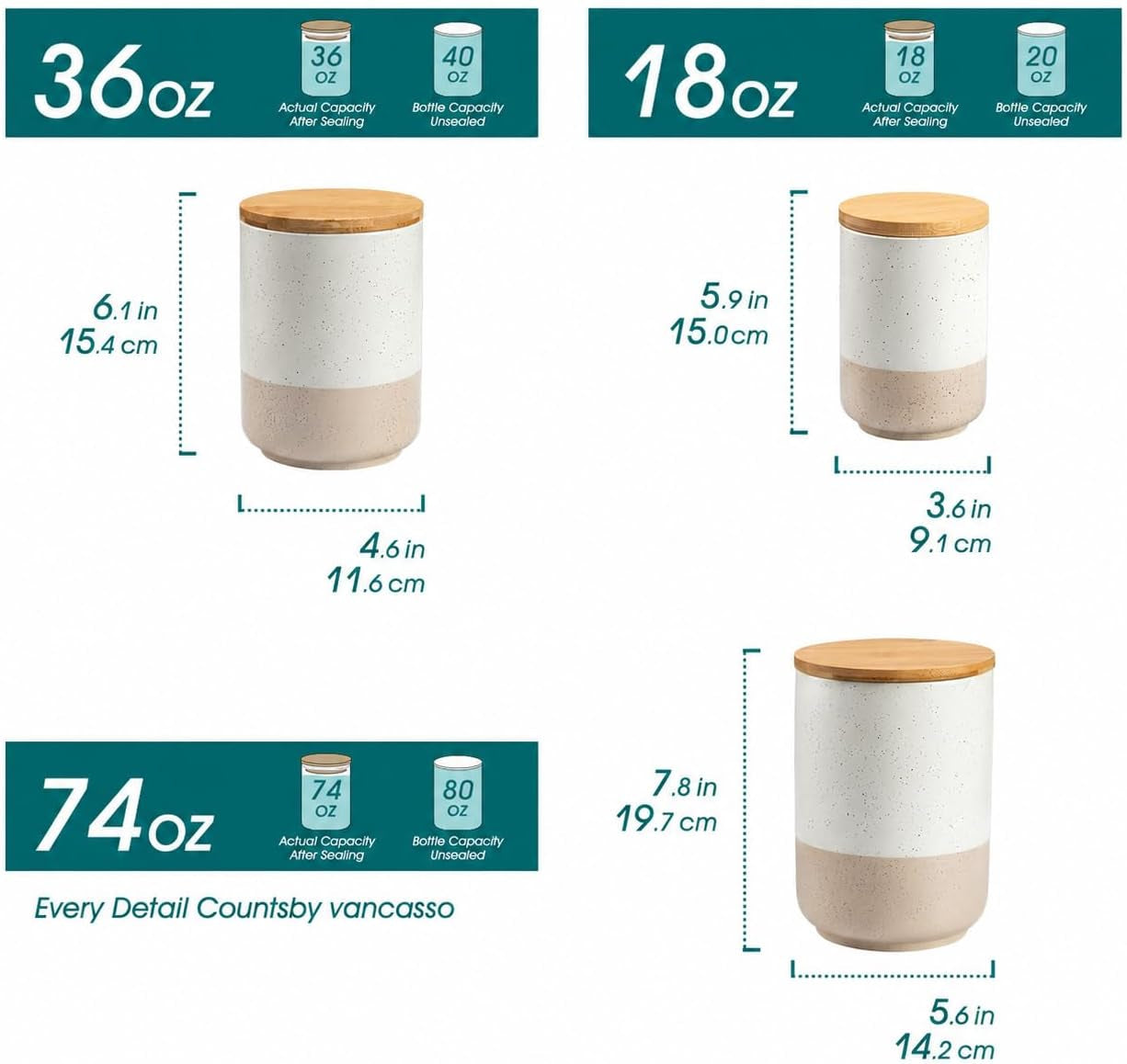 Sabine Kitchen Canister Set of 3, Ceramic Food Storage Containers with Airtight Wood Lids