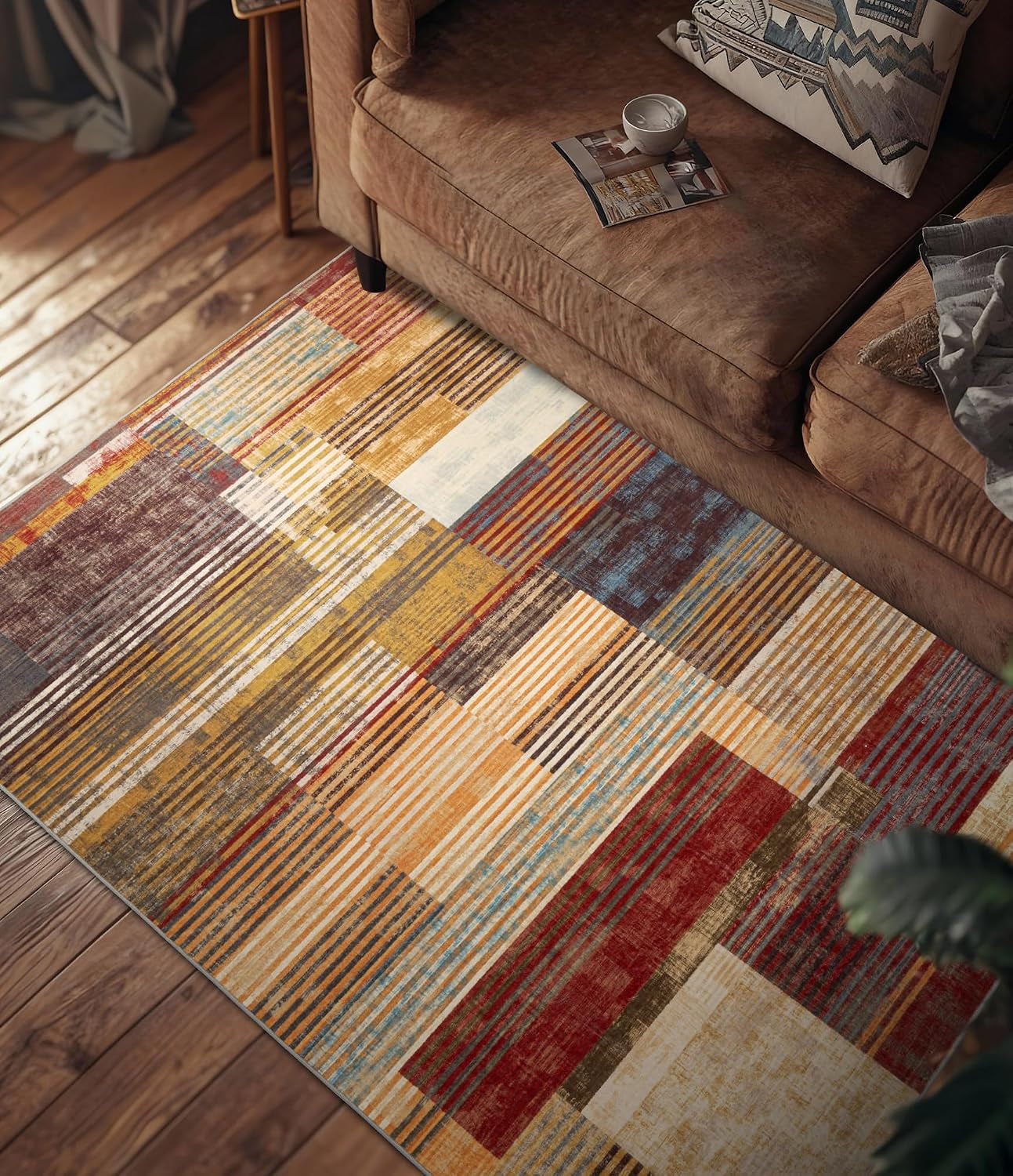 Farmhouse Rugs, Brown Area Rug 3X5, Vintage Burgundy for Bedroom, Burnt Orange Non-Slip, Washable