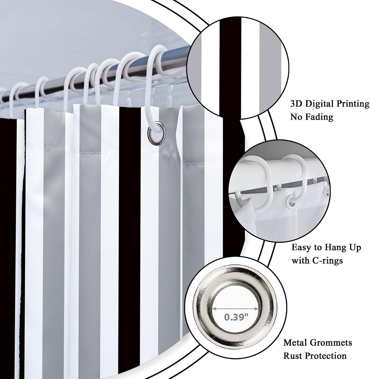 Gray Vertical Striped Black Bathroom Shower Curtain Set