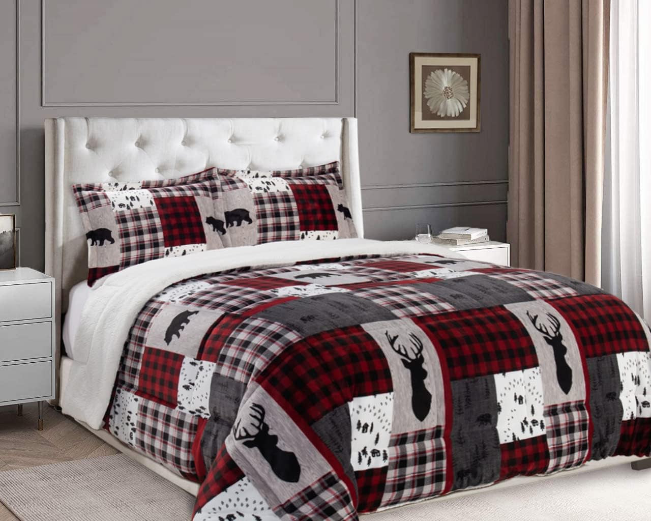 3-Piece Winter Lodge-Patch Sherpa Comforter Set, Full